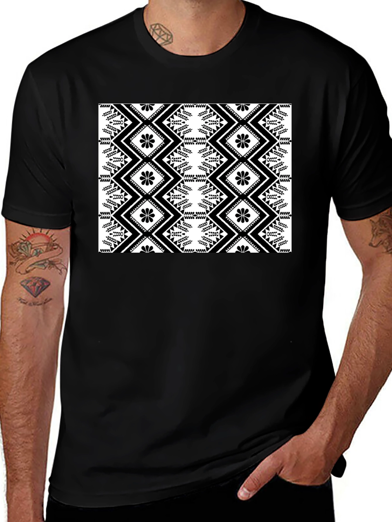 Stylish Black T-Shirt with Geometric Floral Design