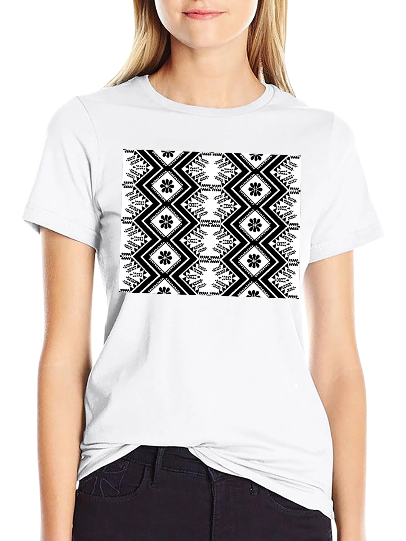 Stylish Black T-Shirt with Geometric Floral Design