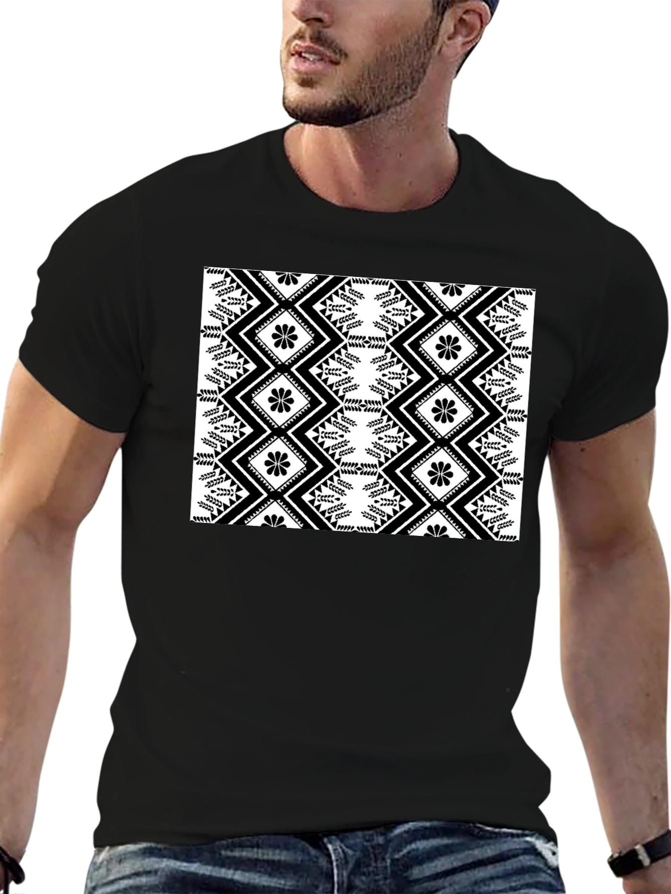 Stylish Black T-Shirt with Geometric Floral Design