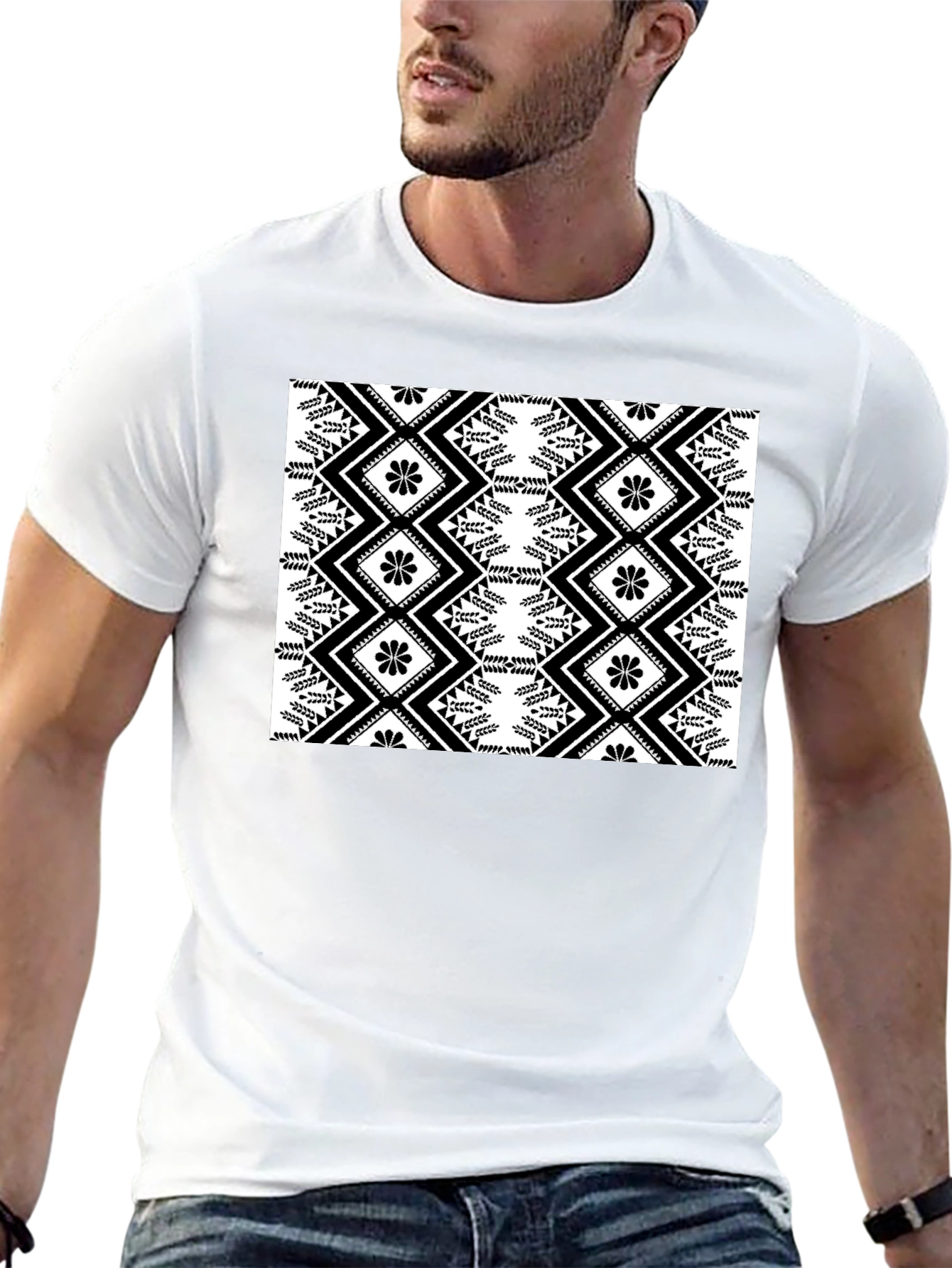 Stylish Black T-Shirt with Geometric Floral Design