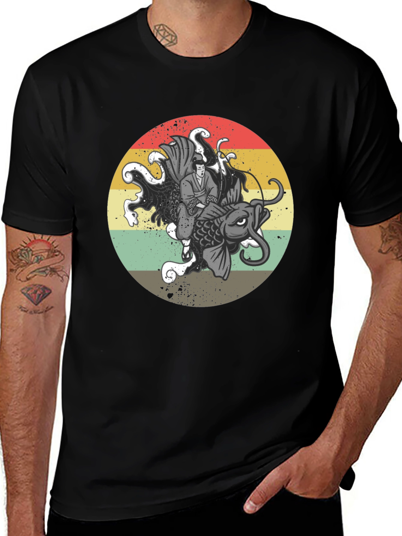 Samurai Koi Fish Graphic T-Shirt - Retro Japanese Art