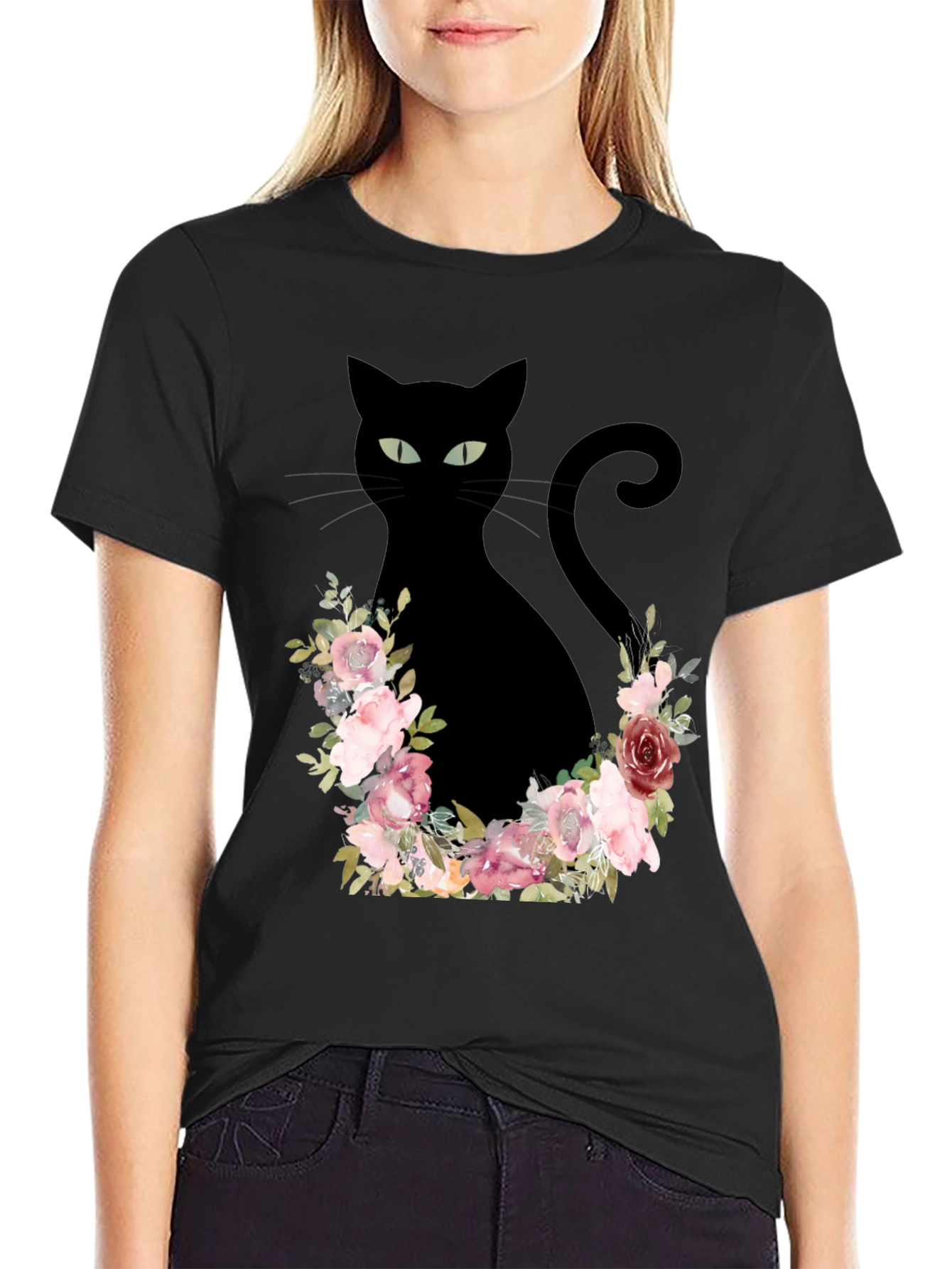 Floral Cat Graphic Tee - Black T-Shirt