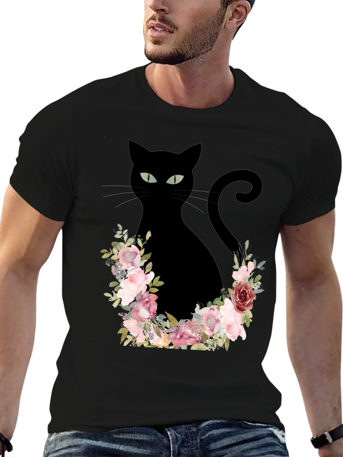 Floral Cat Graphic Tee - Black T-Shirt