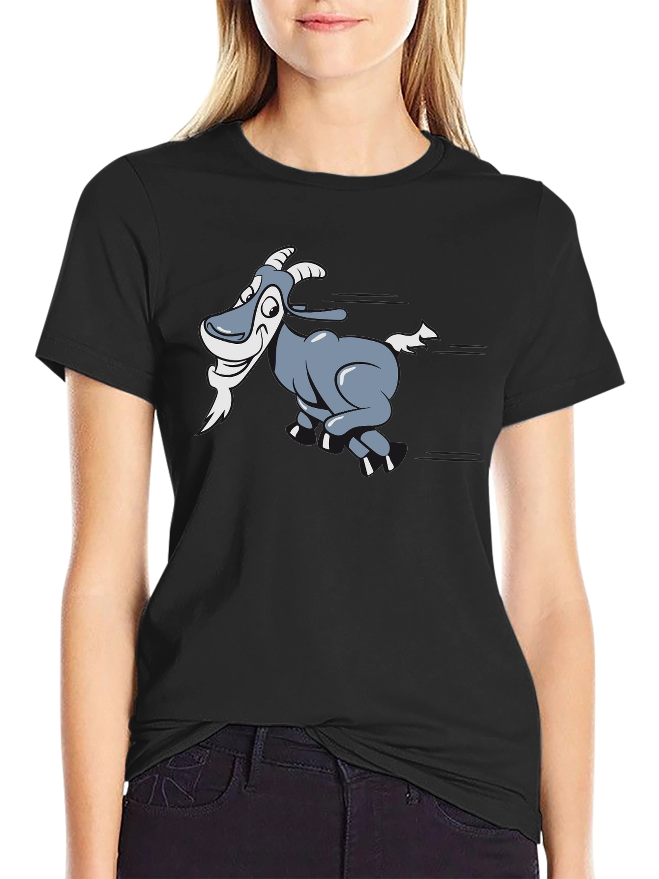 Cartoon Goat Graphic T-Shirt - Black Cotton Tee