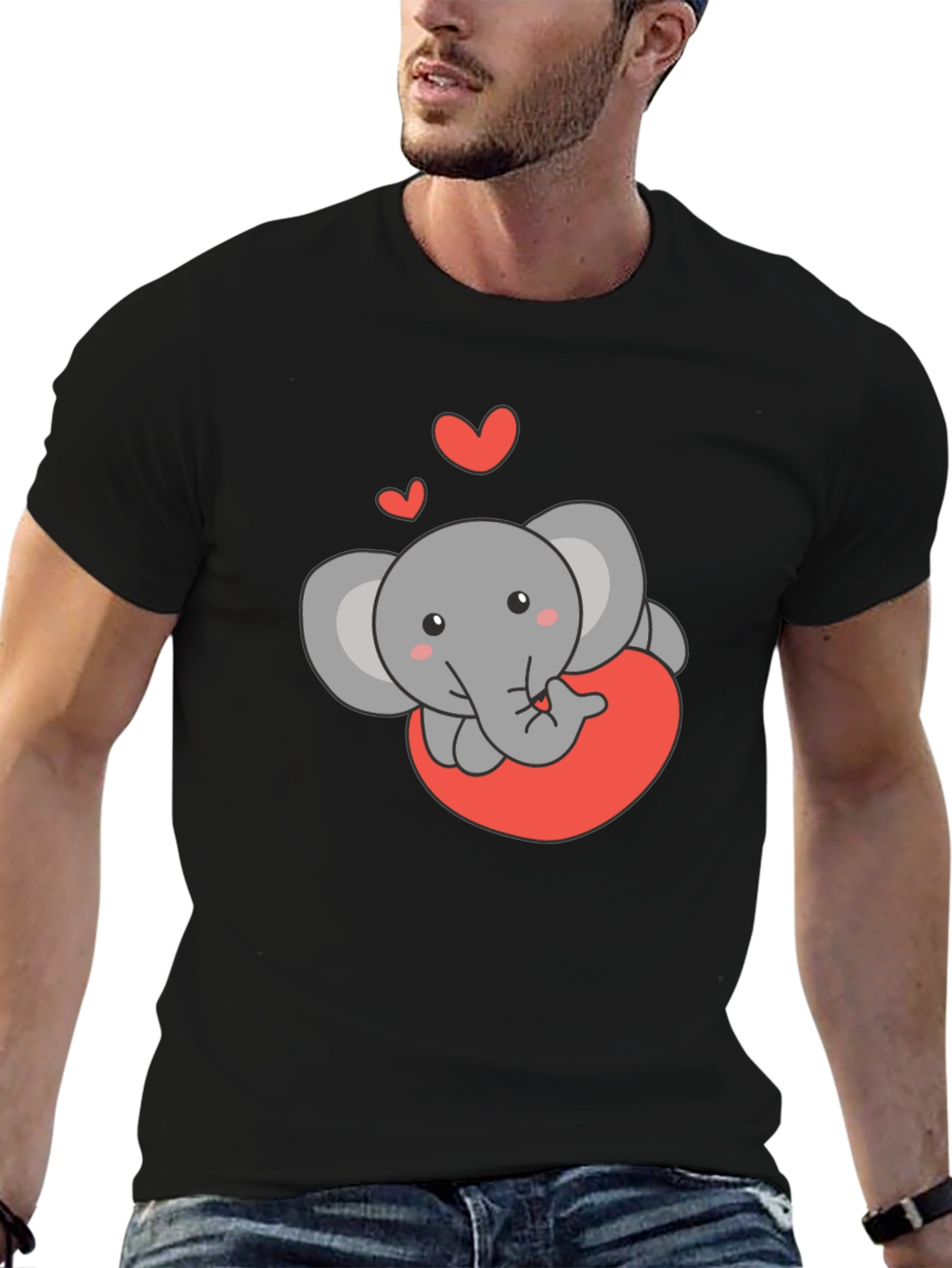 Cute Elephant Love Heart Black T-Shirt
