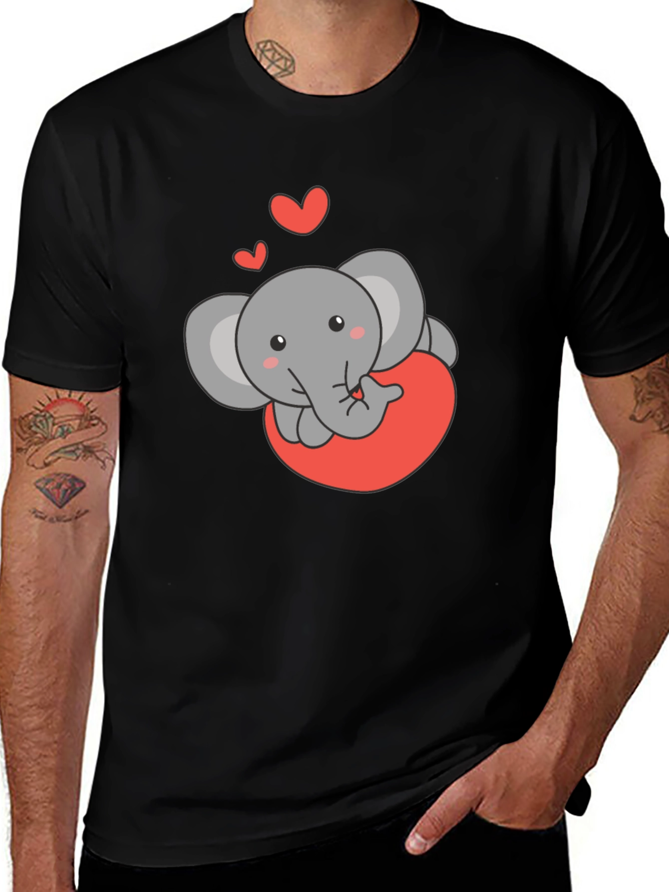 Cute Elephant Love Heart Black T-Shirt