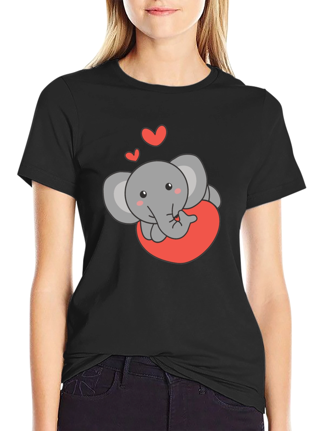 Cute Elephant Love Heart Black T-Shirt