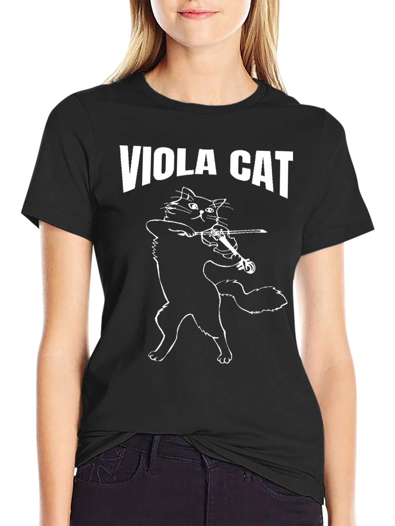 Viola Cat Graphic T-Shirt - Black Crew Neck
