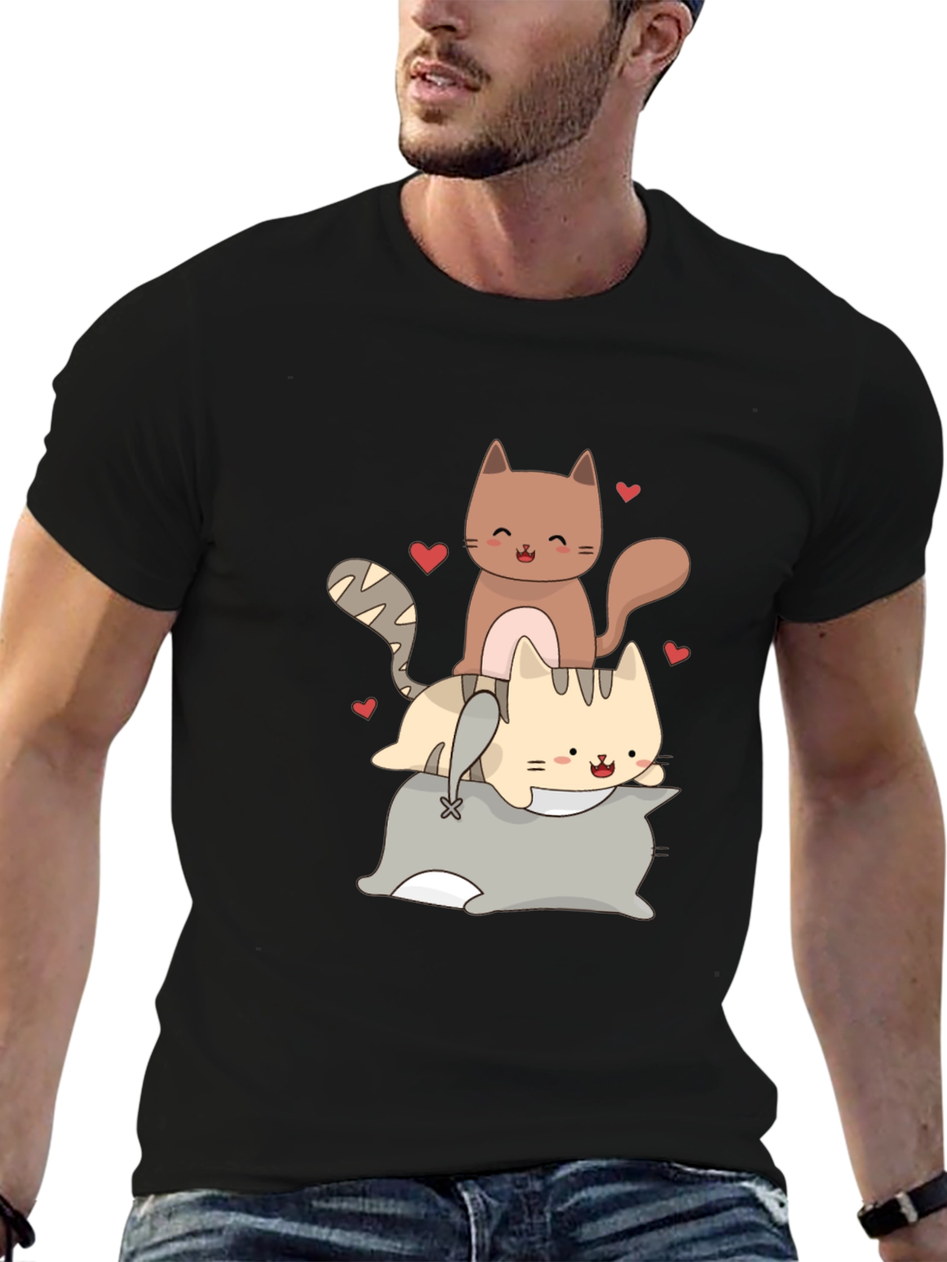 Cute Cats Stacked on Pillow Graphic Tee