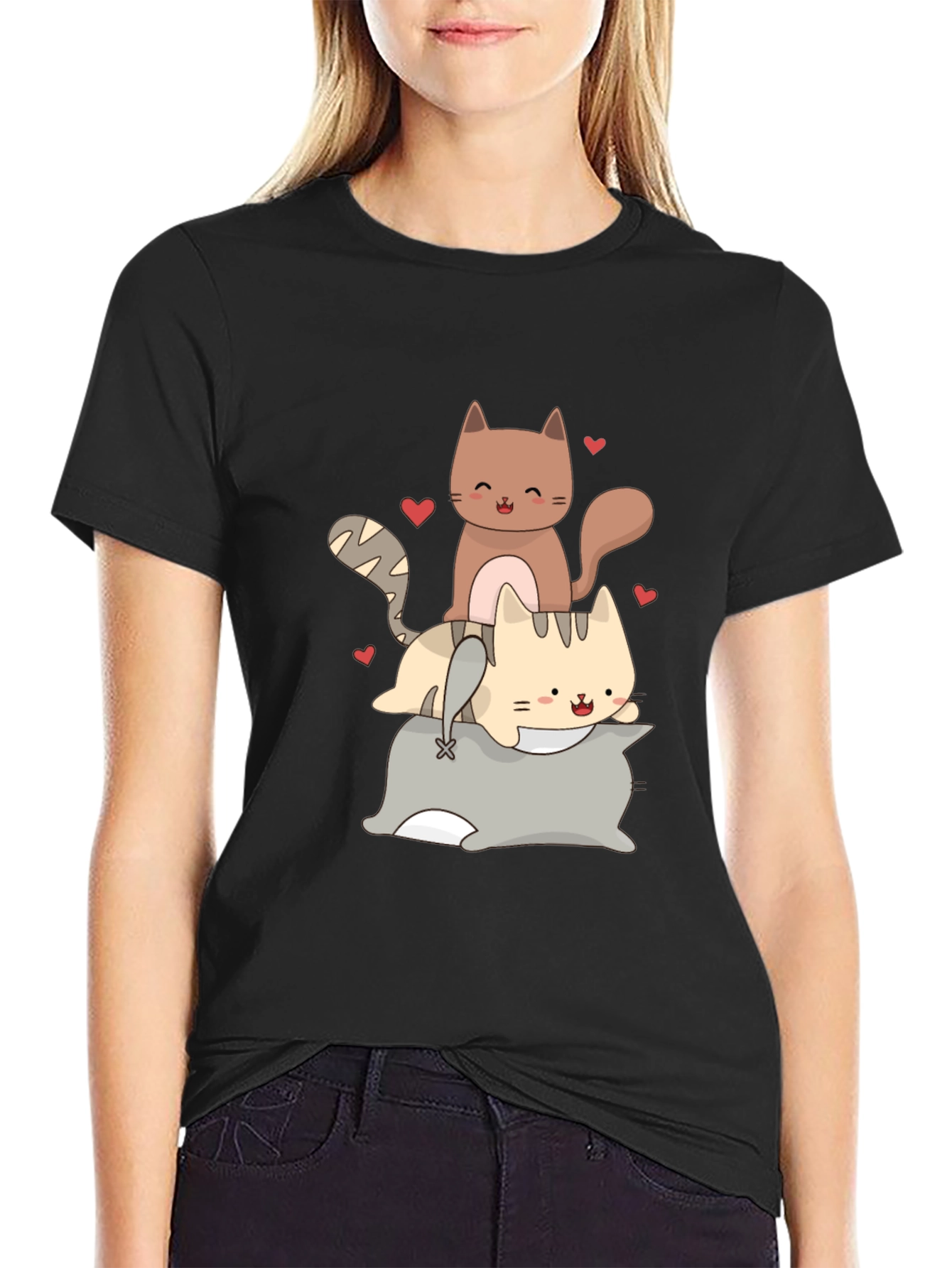 Cute Cats Stacked on Pillow Graphic Tee