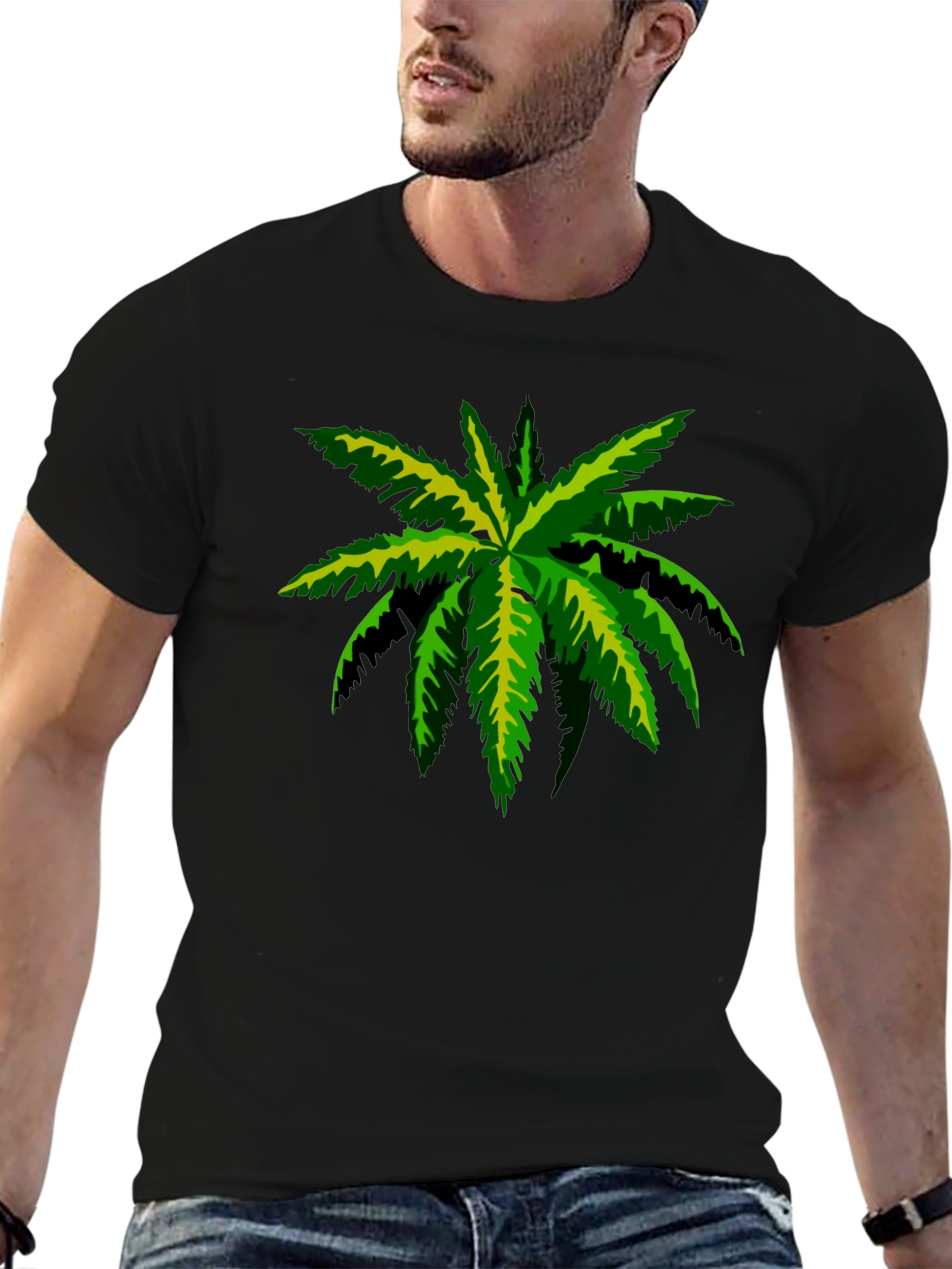 Tropical Palm Tee - Black Cotton Graphic T-Shirt