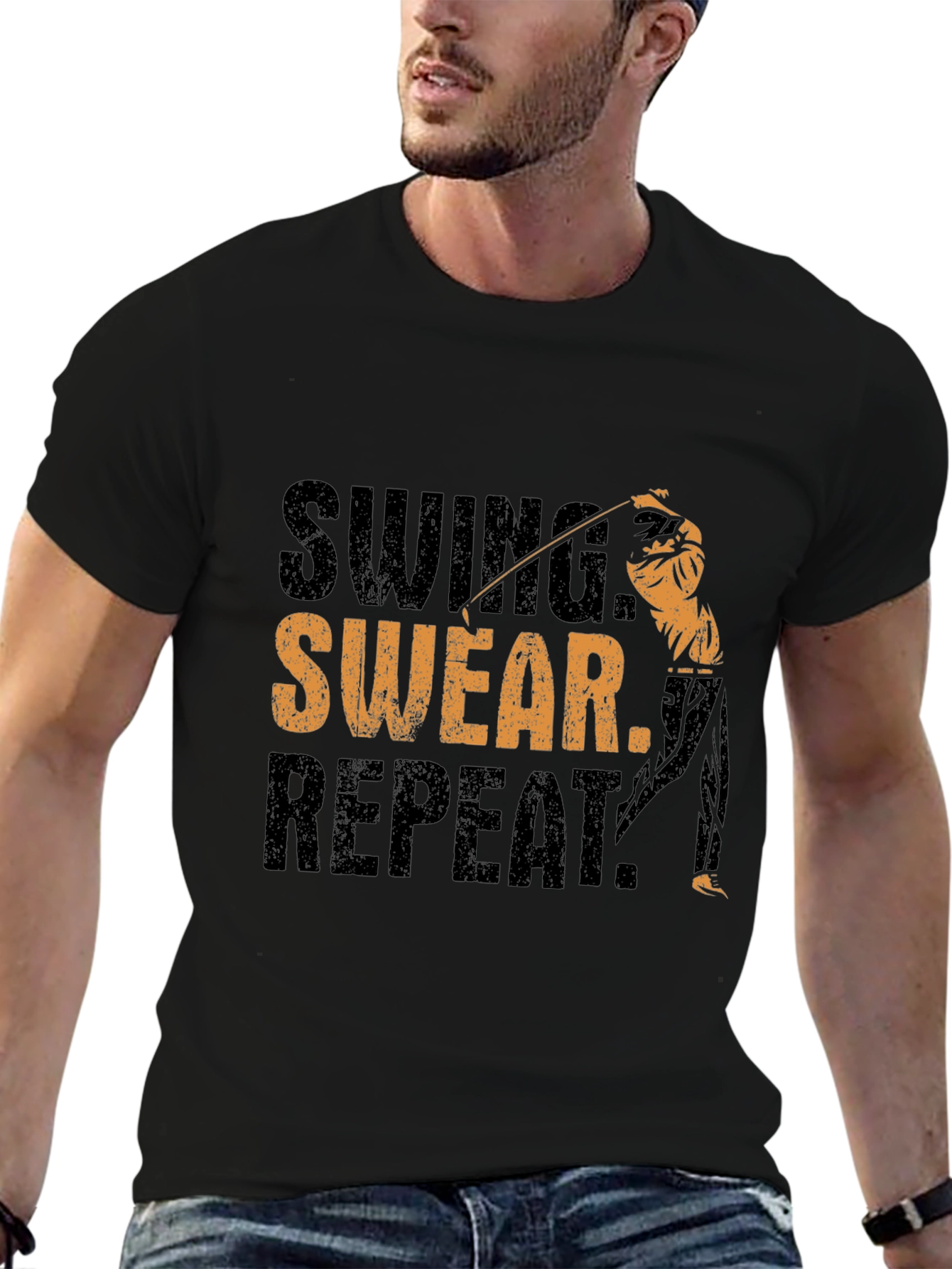 Swing Swear Repeat Black T-Shirt Golf Design