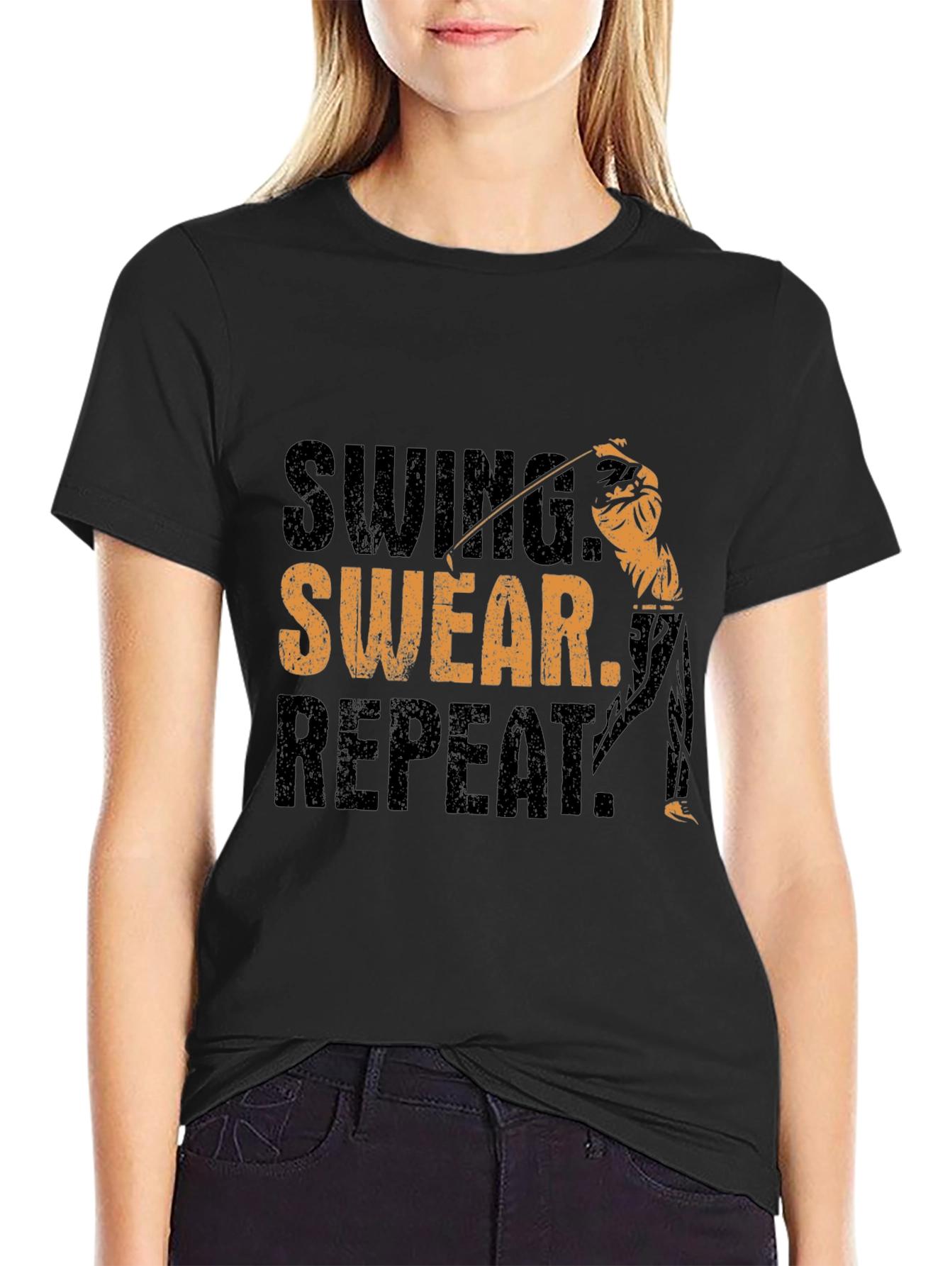 Swing Swear Repeat Black T-Shirt Golf Design