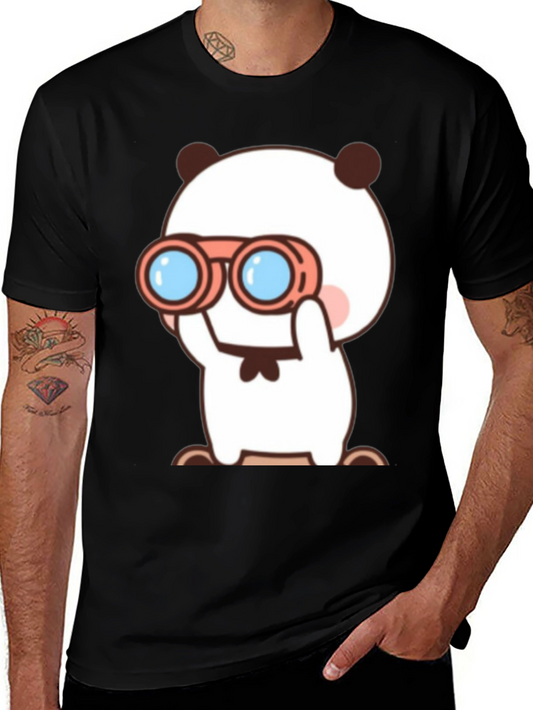 Cute Cartoon Panda Binoculars Black T-Shirt