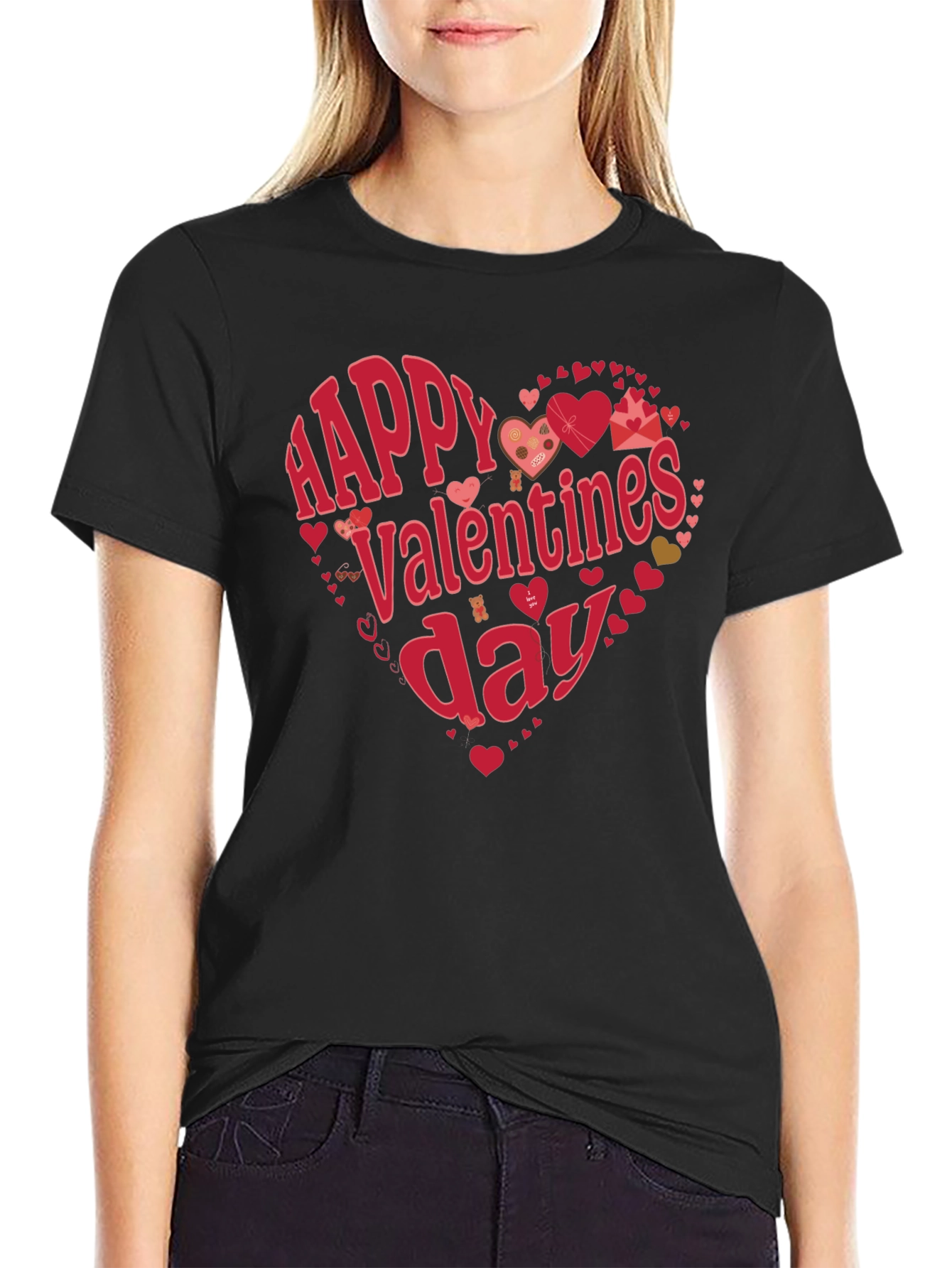 Happy Valentines Day Heart Graphic Tee - Black