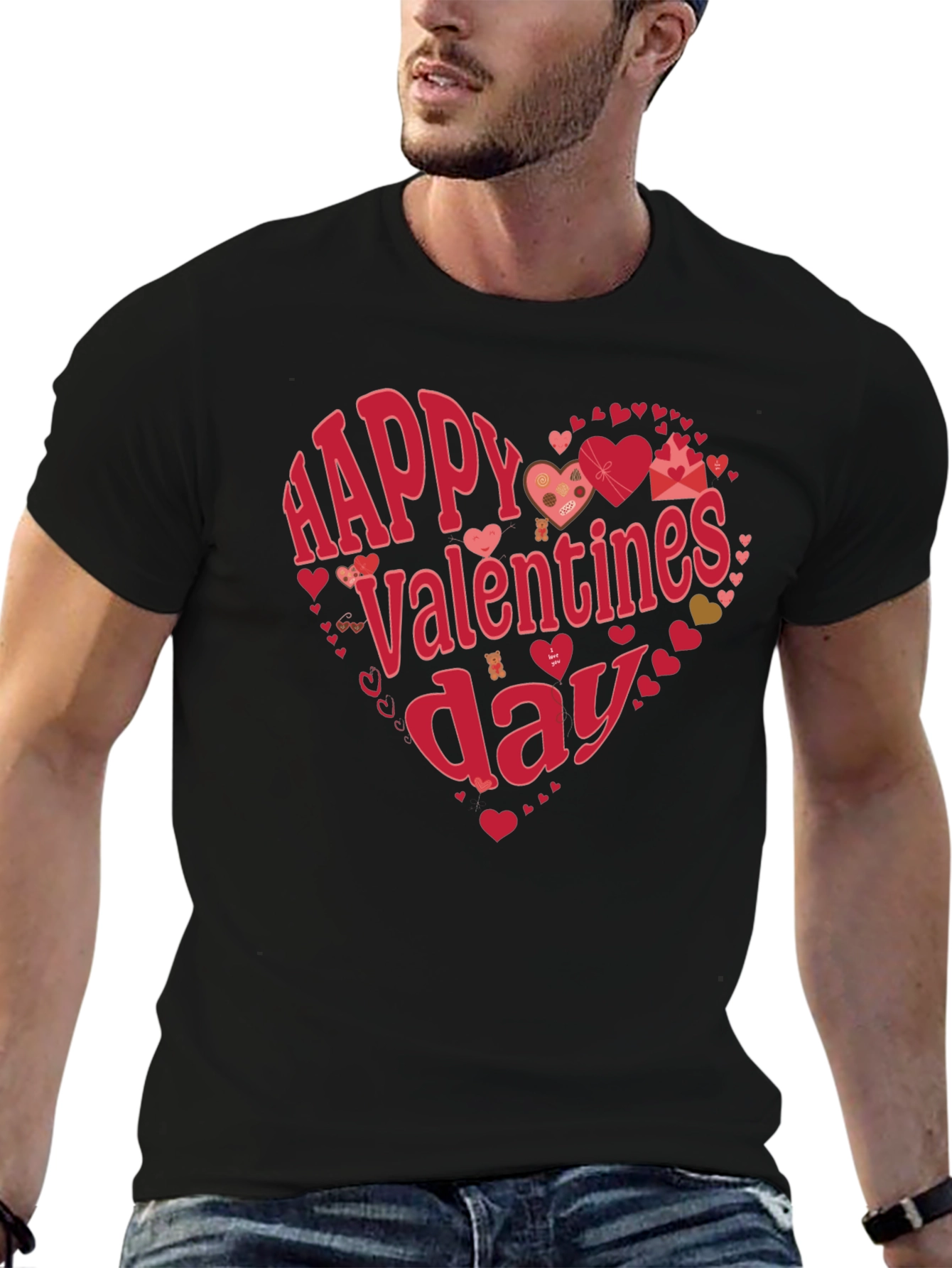 Happy Valentines Day Heart Graphic Tee - Black