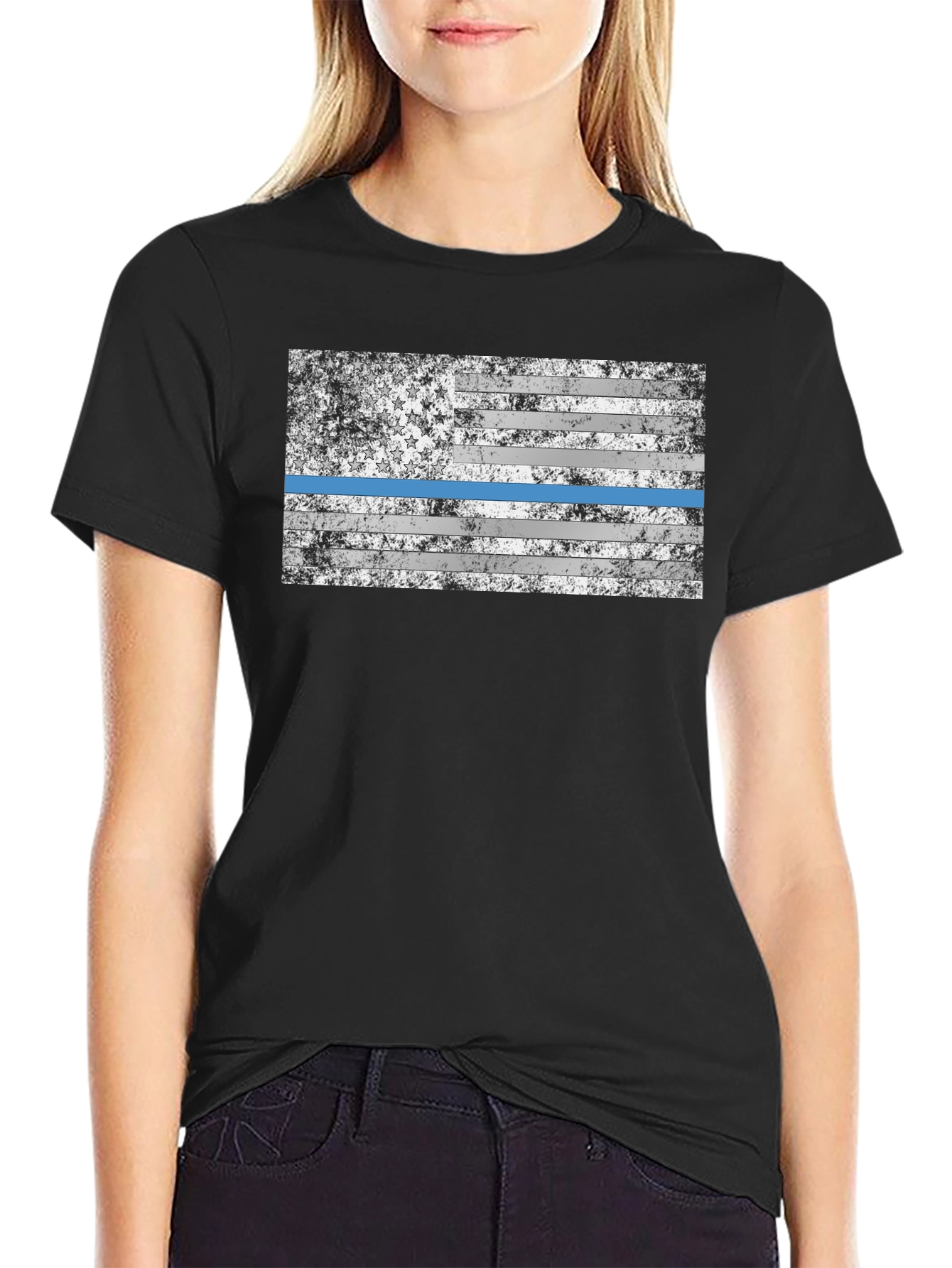 Distressed Thin Blue Line American Flag T-Shirt