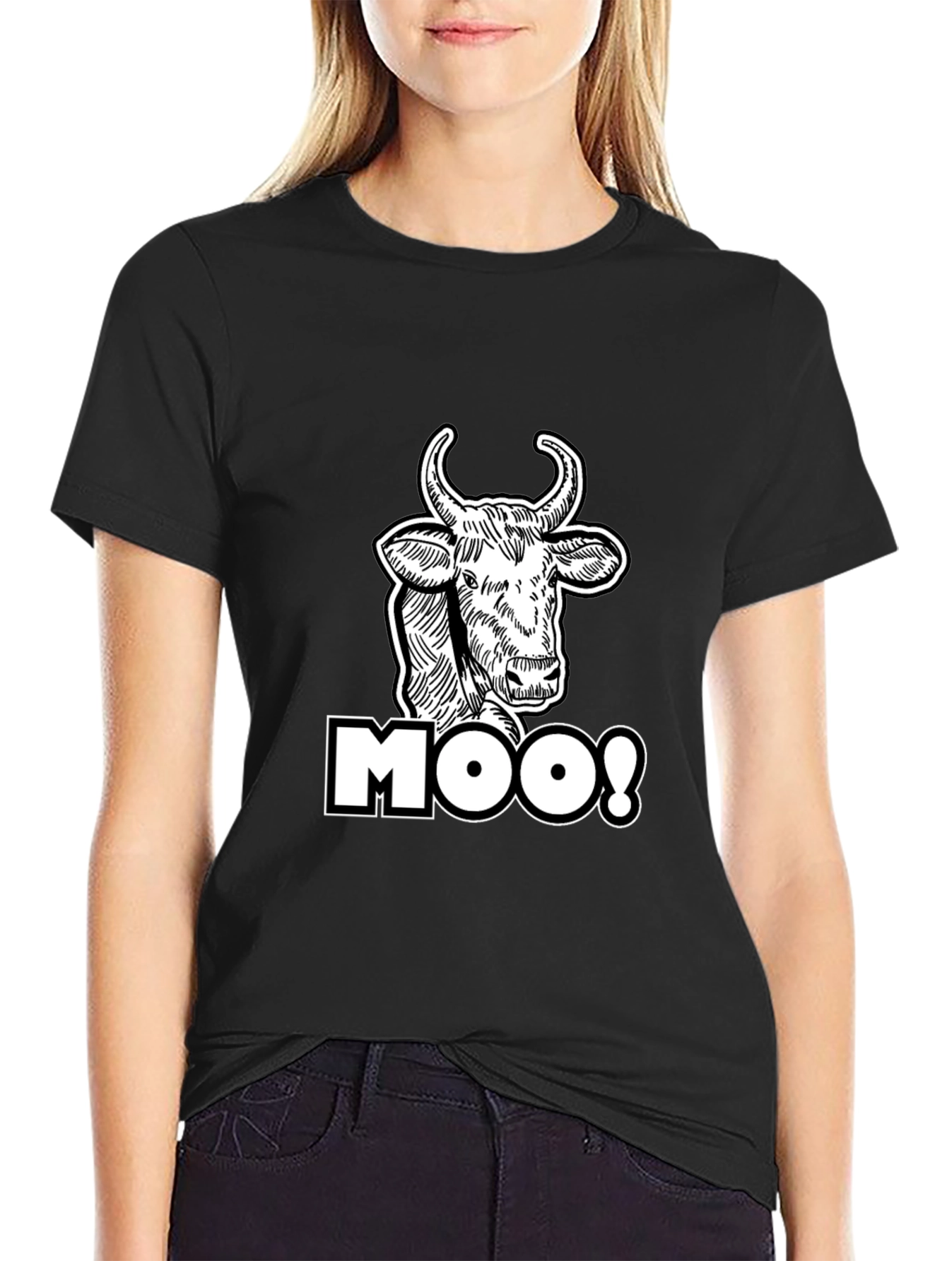 Moo! Cow Graphic Print Black T-Shirt