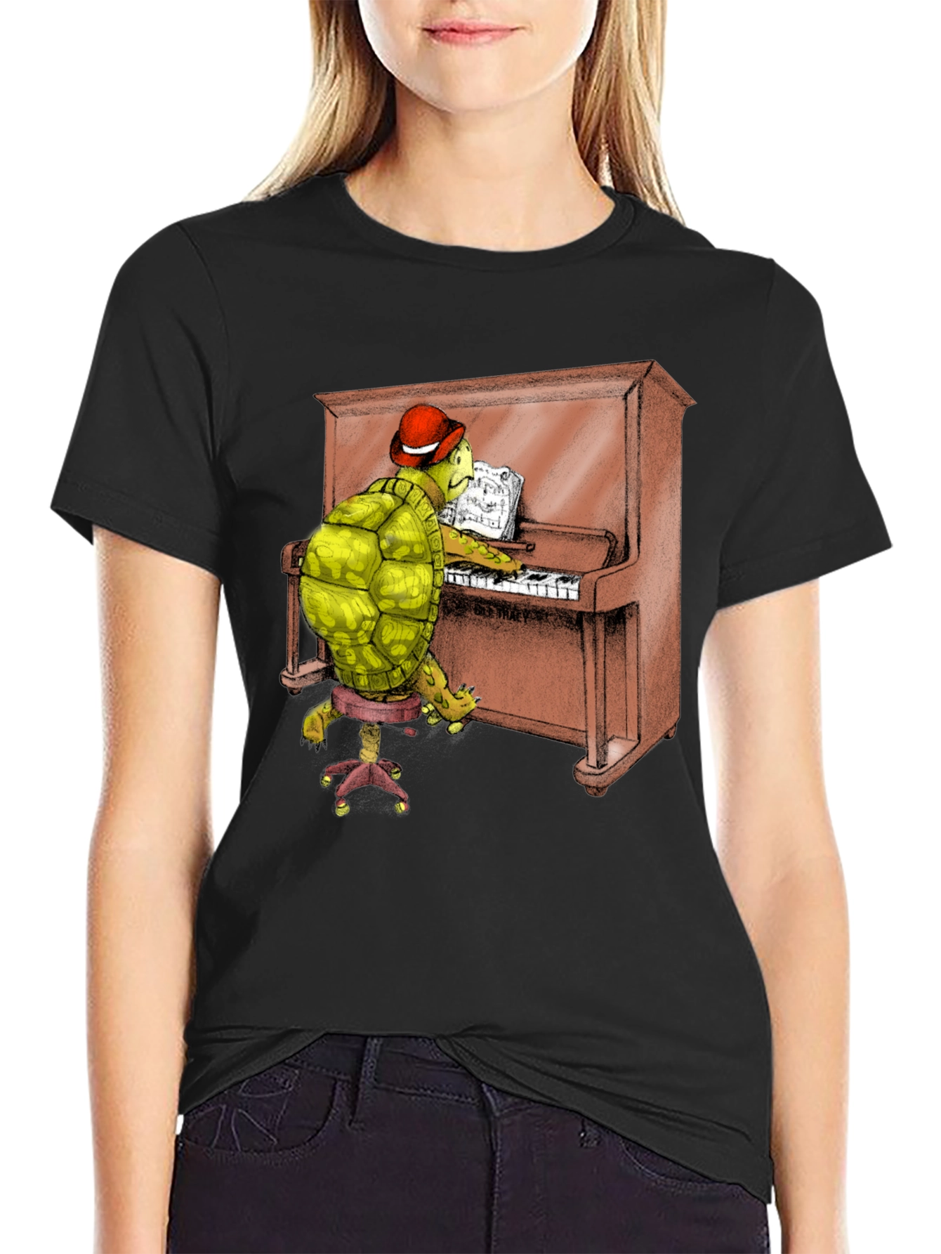 Turtle Pianist Graphic Tee - Novelty T-Shirt