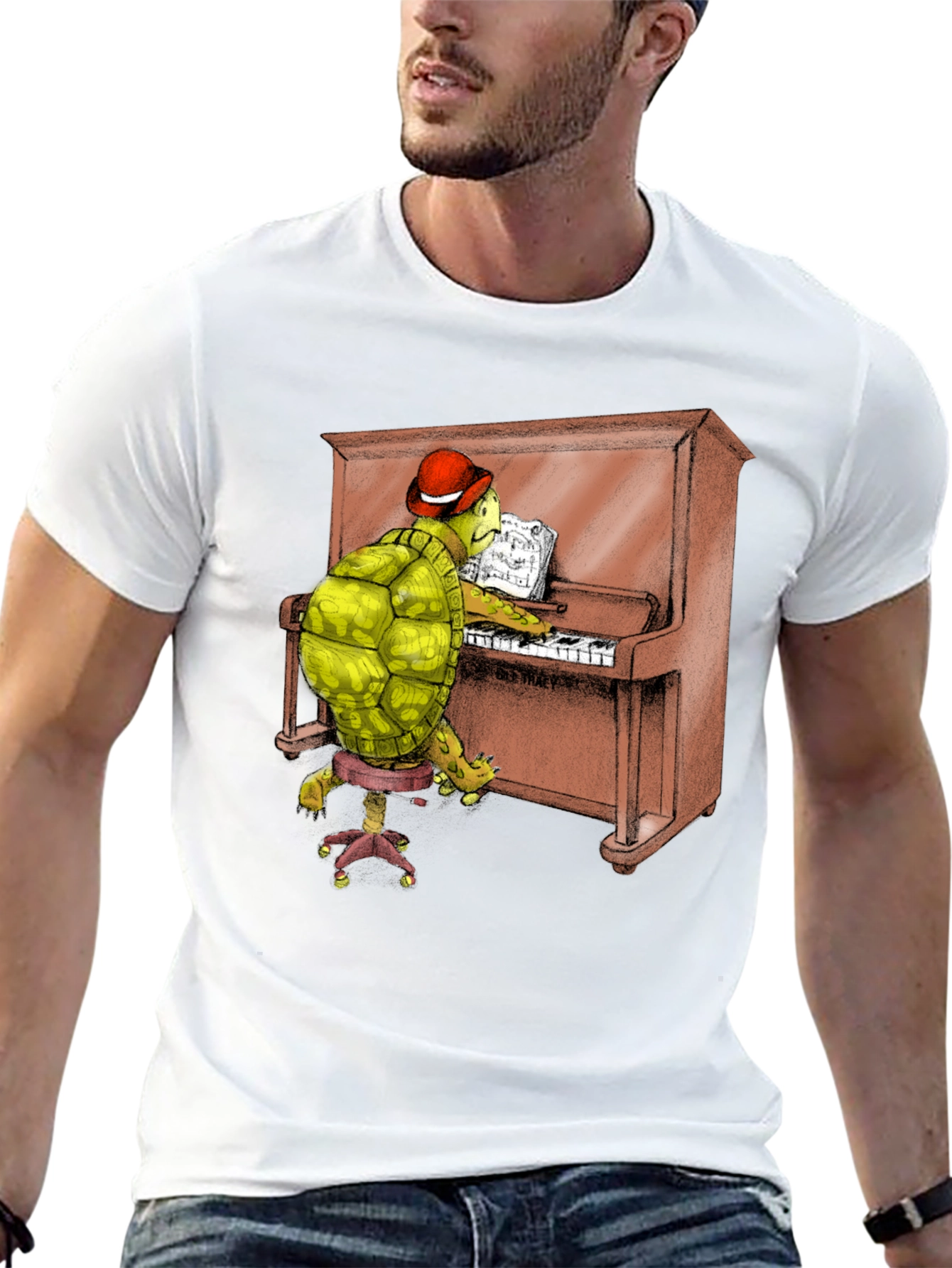 Turtle Pianist Graphic Tee - Novelty T-Shirt
