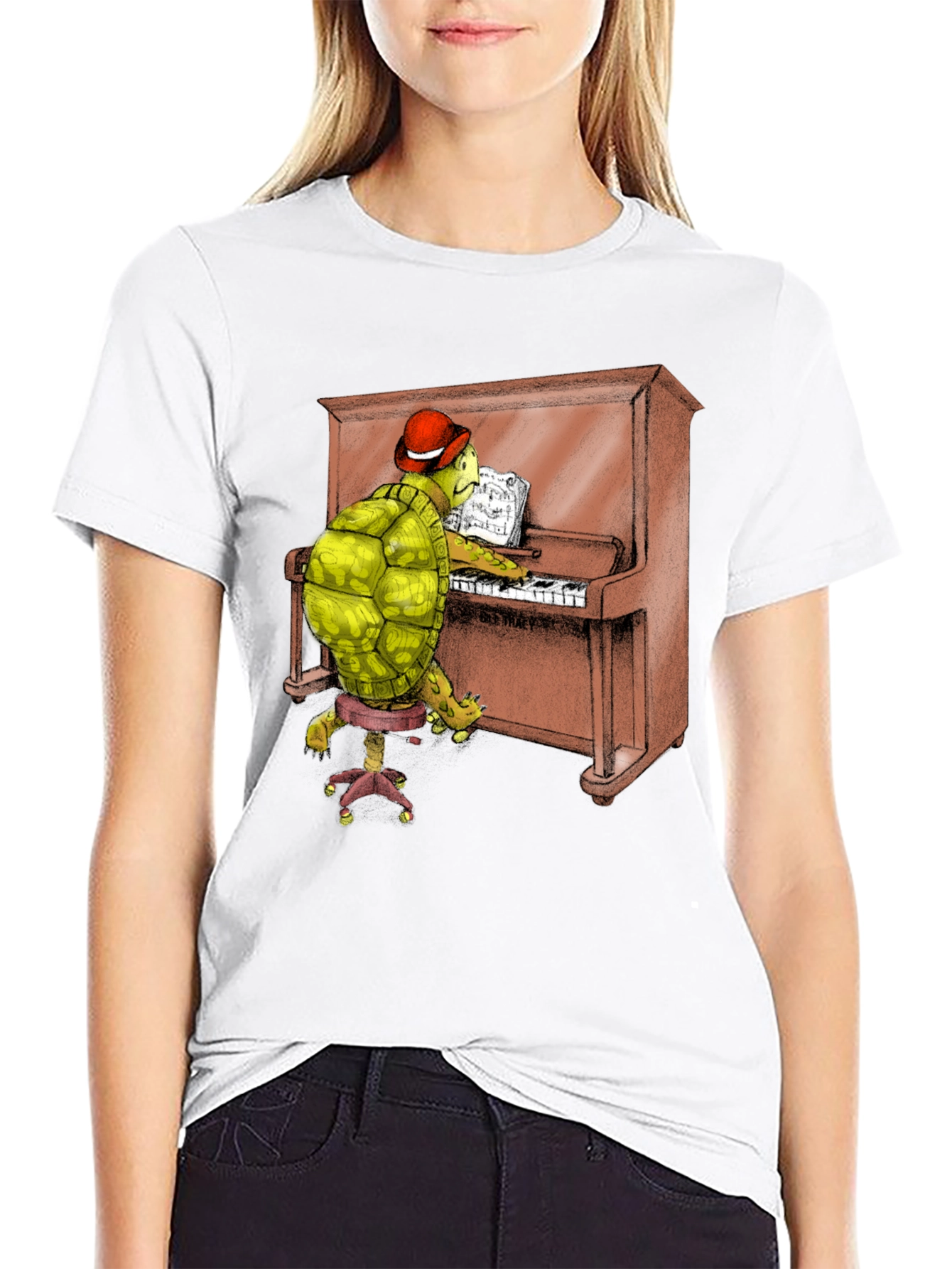 Turtle Pianist Graphic Tee - Novelty T-Shirt