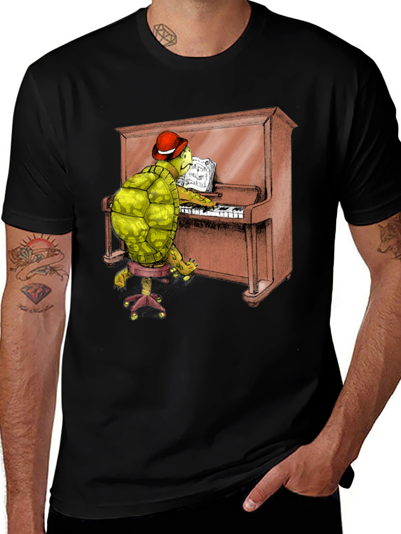 Turtle Pianist Graphic Tee - Novelty T-Shirt
