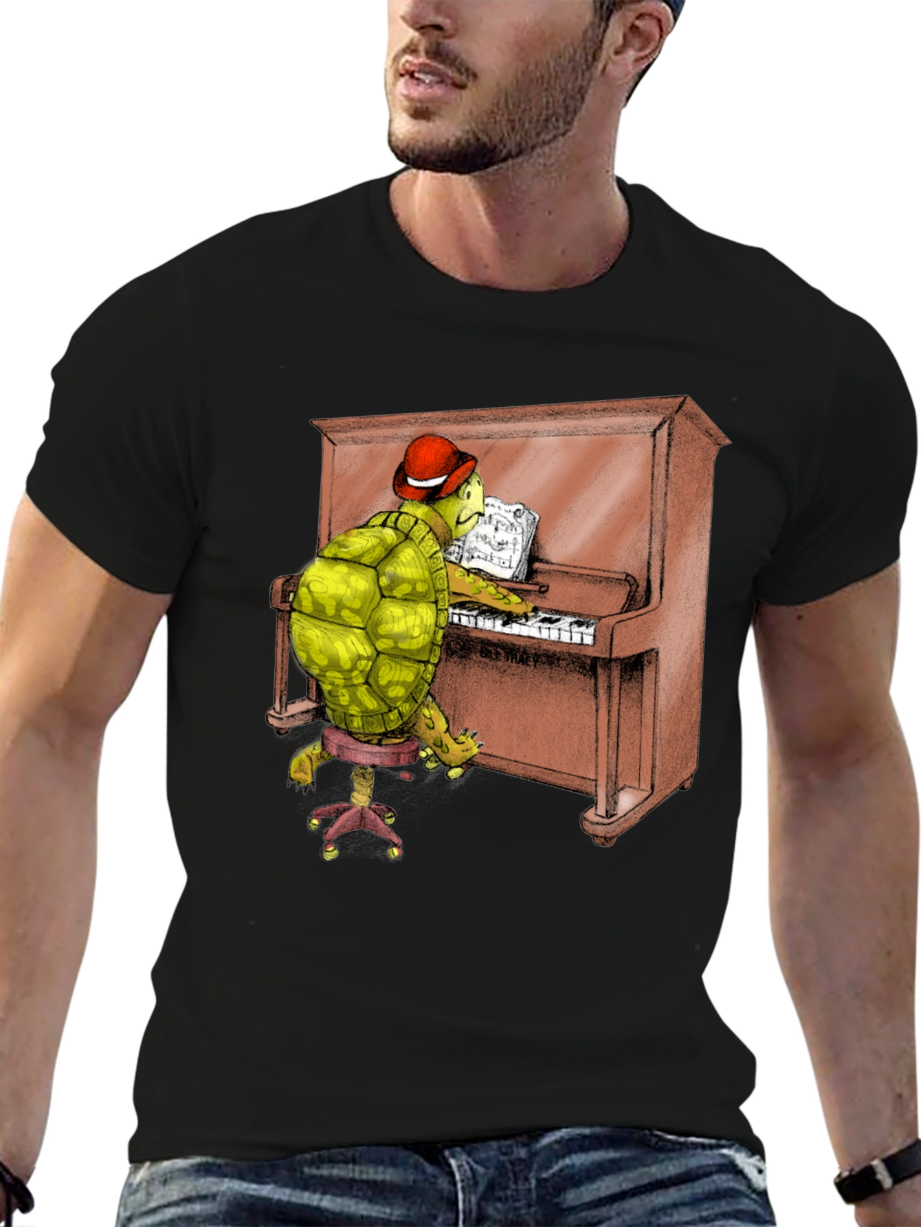 Turtle Pianist Graphic Tee - Novelty T-Shirt