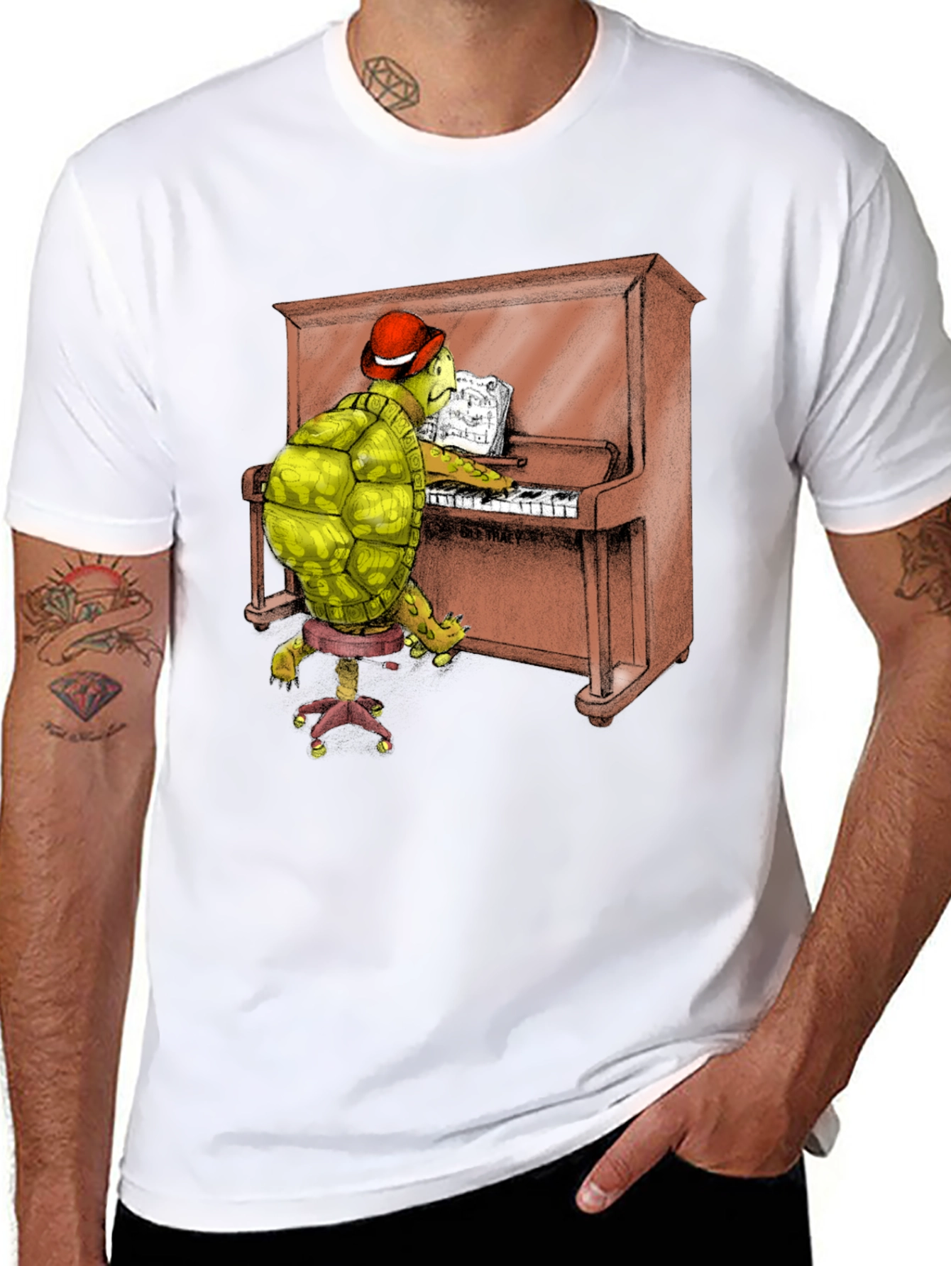 Turtle Pianist Graphic Tee - Novelty T-Shirt