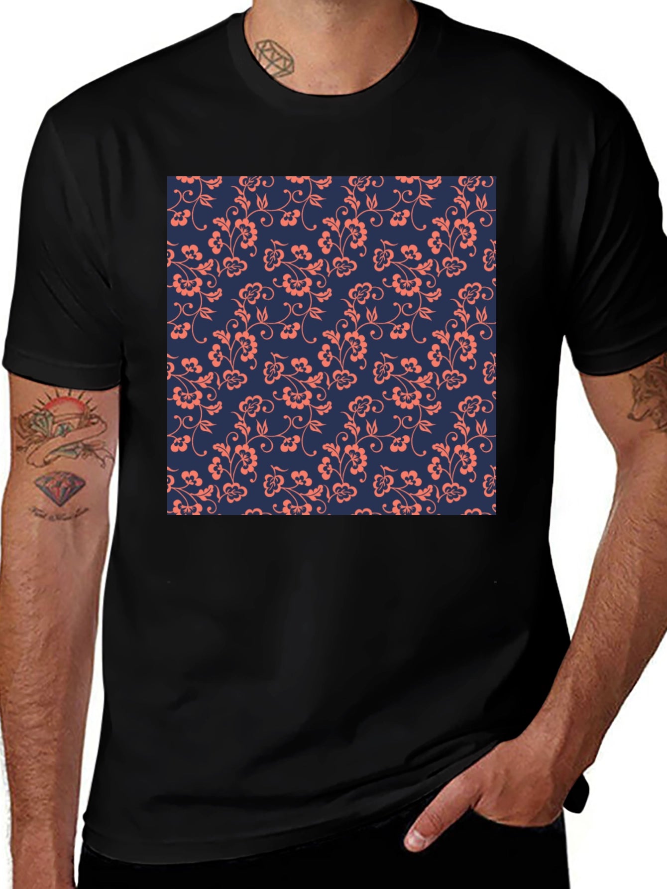 Floral Pattern Black T-Shirt