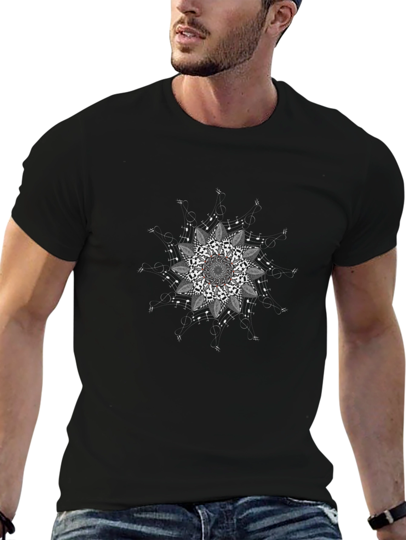 Black Tee with Mandala Music Notes Design