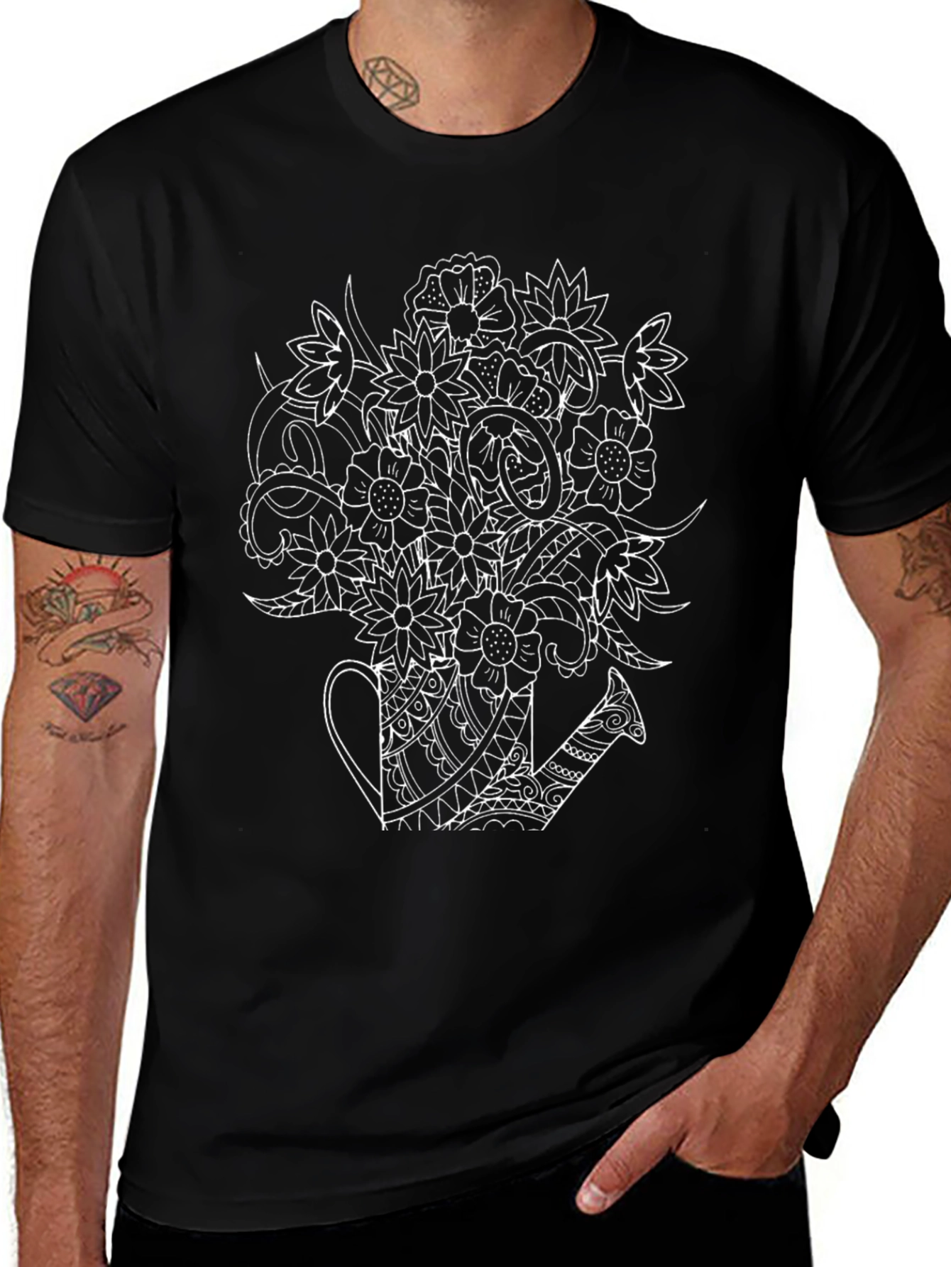 Floral Watering Can Graphic T-Shirt - Black
