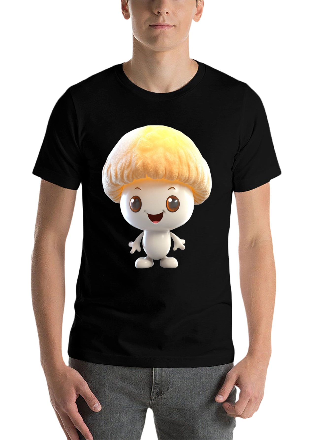 Mushroom Cartoon Graphic Tee - Black Cotton Blend Shirt