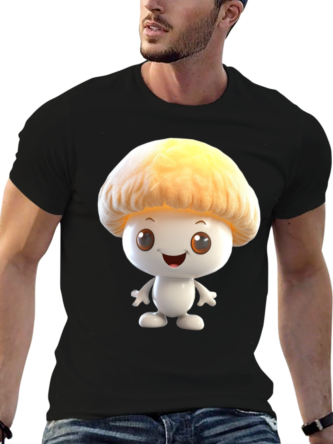 Mushroom Cartoon Graphic Tee - Black Cotton Blend Shirt