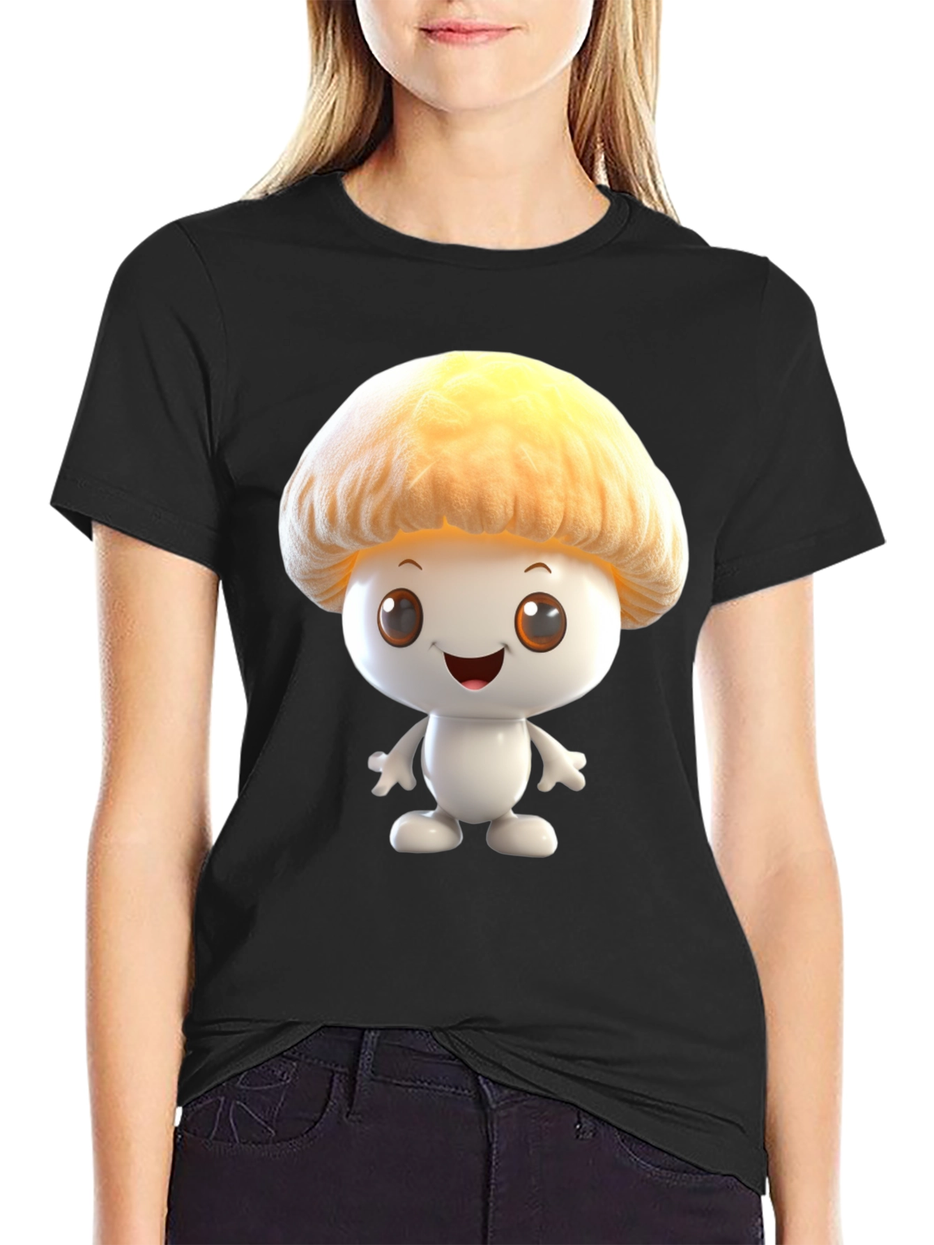 Mushroom Cartoon Graphic Tee - Black Cotton Blend Shirt