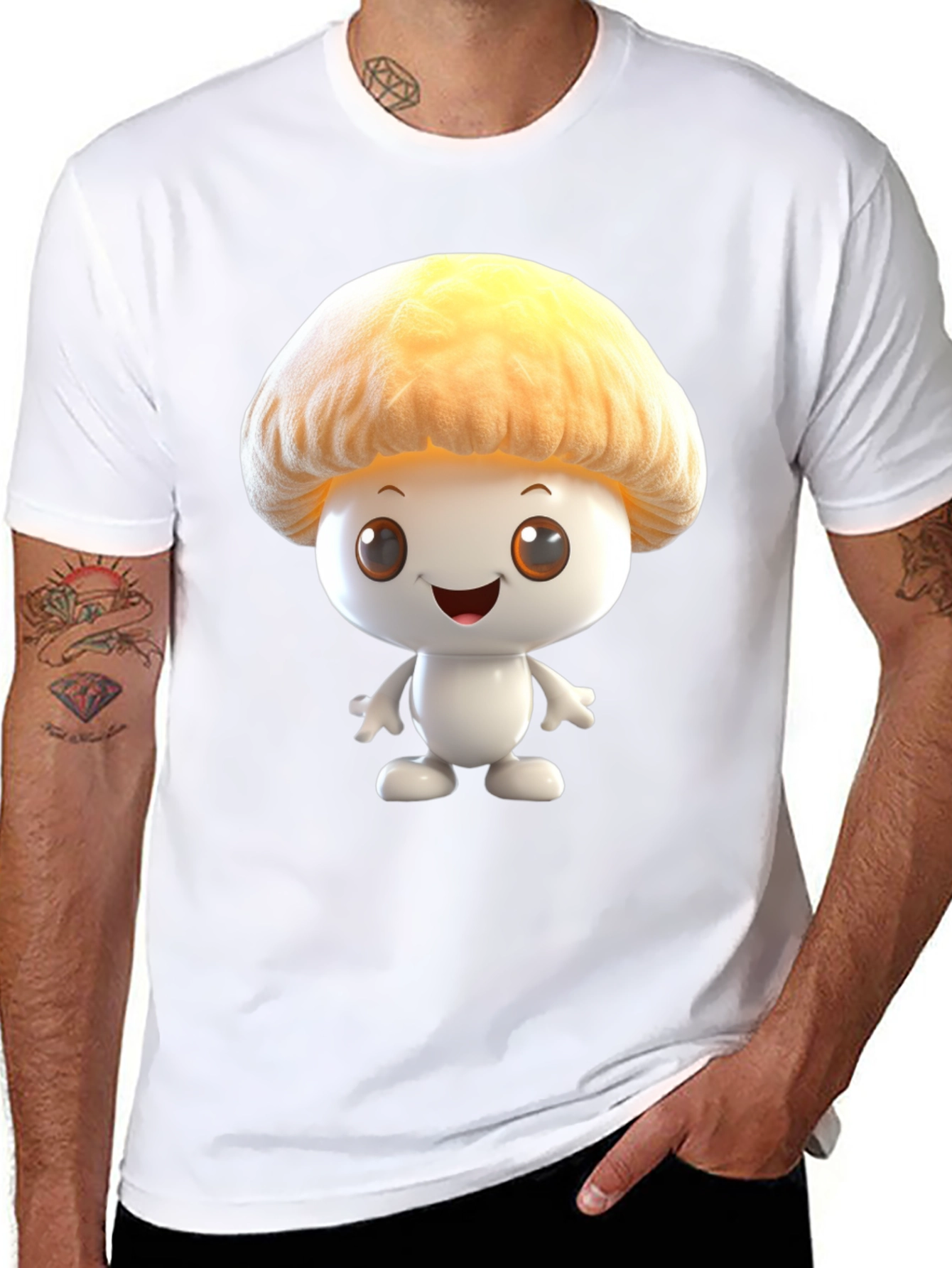 Mushroom Cartoon Graphic Tee - Black Cotton Blend Shirt