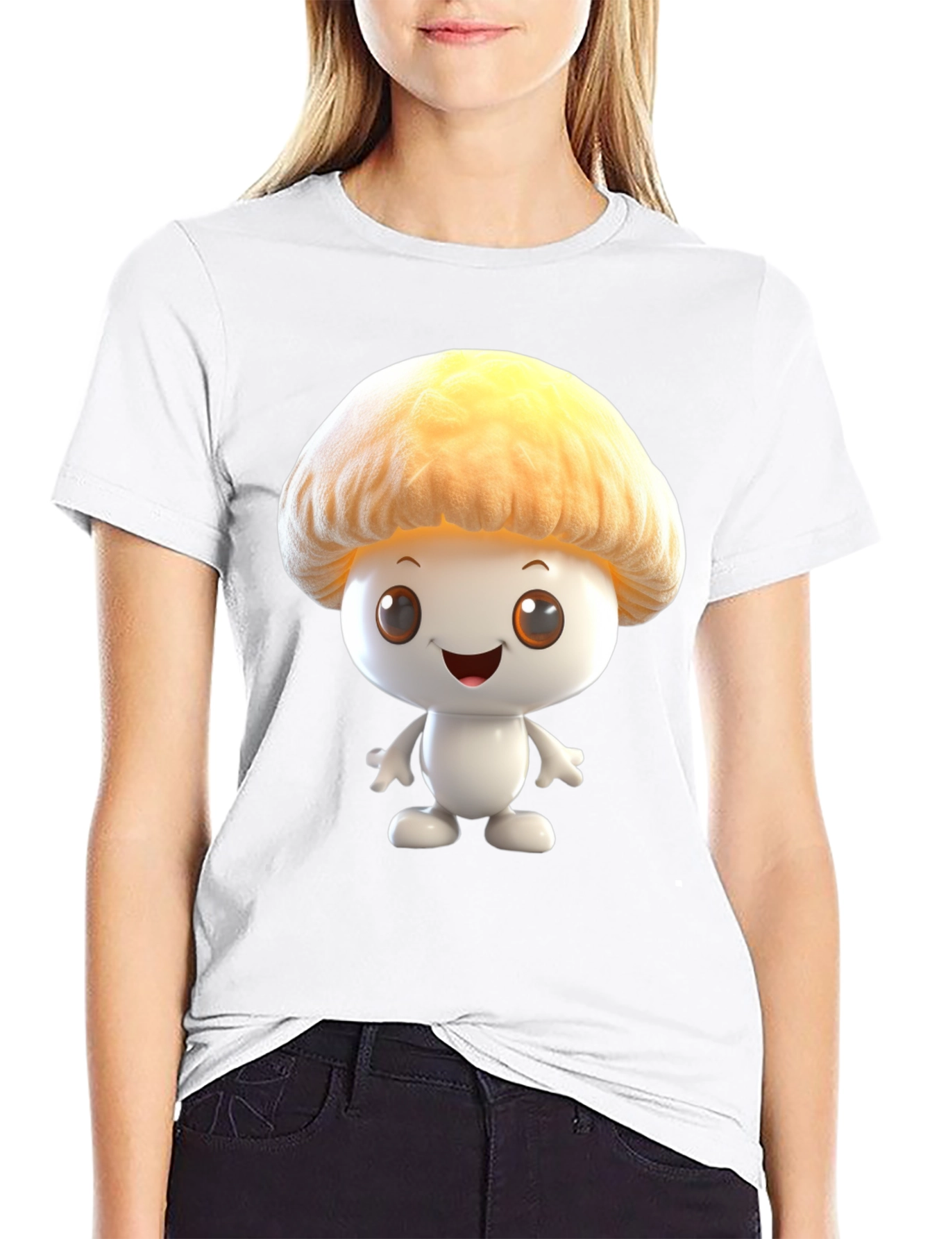 Mushroom Cartoon Graphic Tee - Black Cotton Blend Shirt