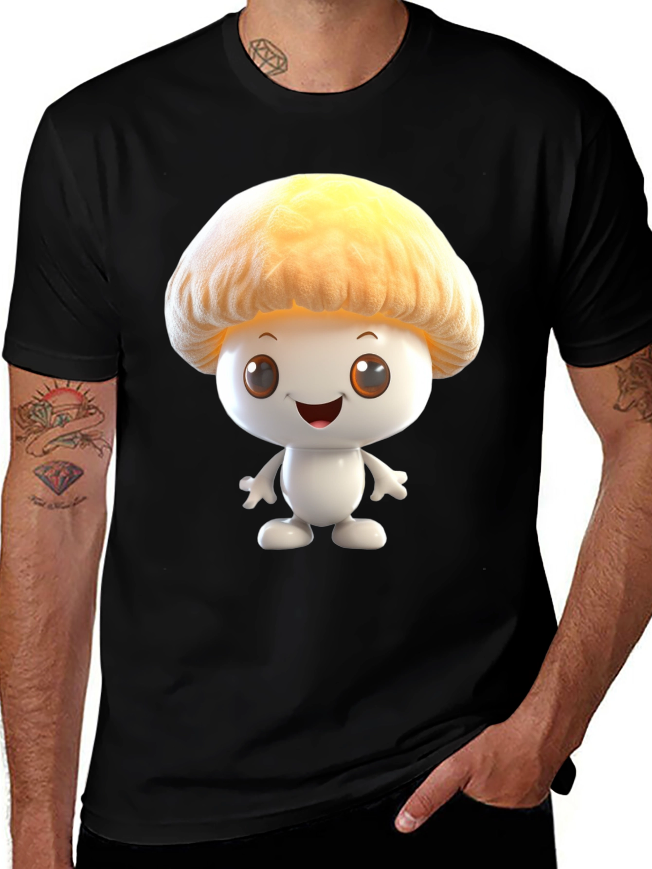Mushroom Cartoon Graphic Tee - Black Cotton Blend Shirt