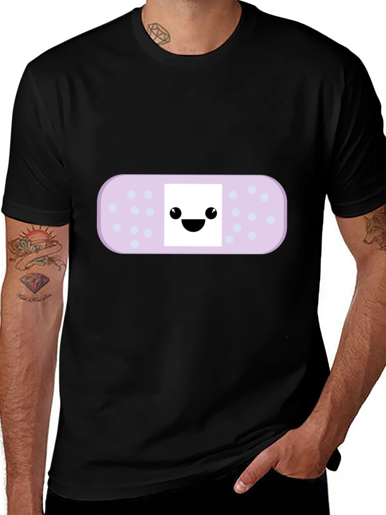 Cute Bandage Cartoon Graphic Tee - Black
