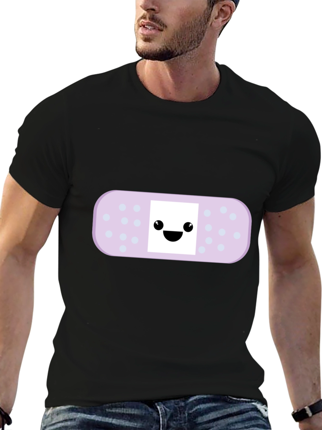 Cute Bandage Cartoon Graphic Tee - Black