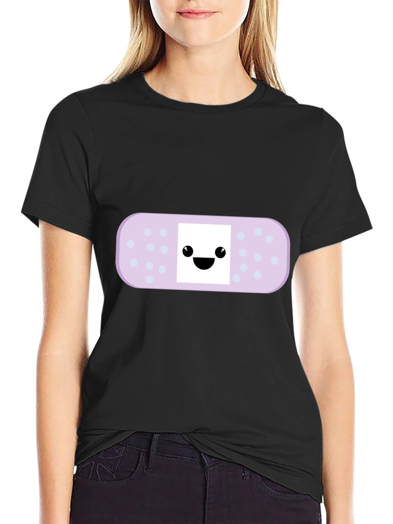 Cute Bandage Cartoon Graphic Tee - Black