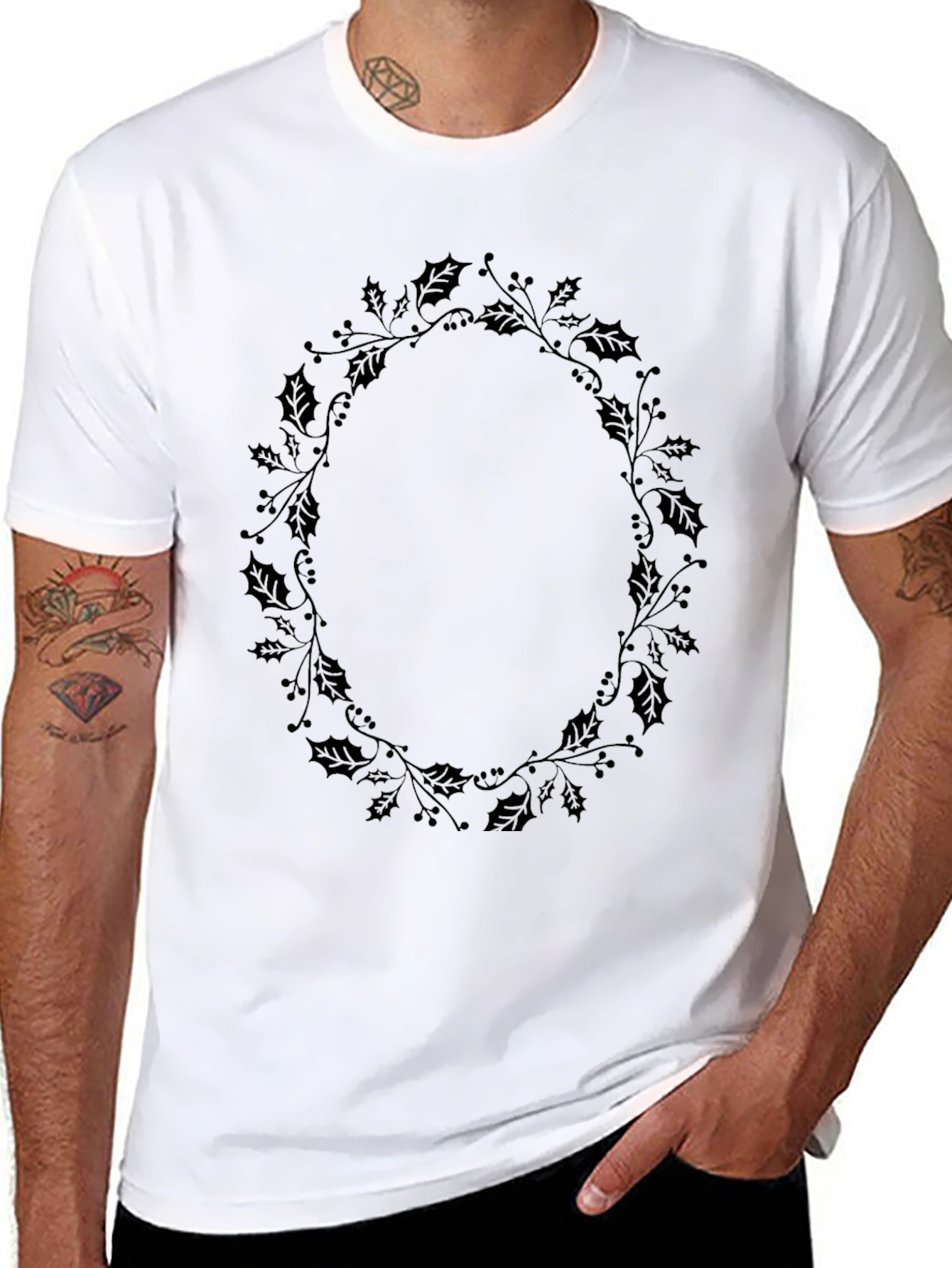 Mens Black Holly Wreath Graphic Tee