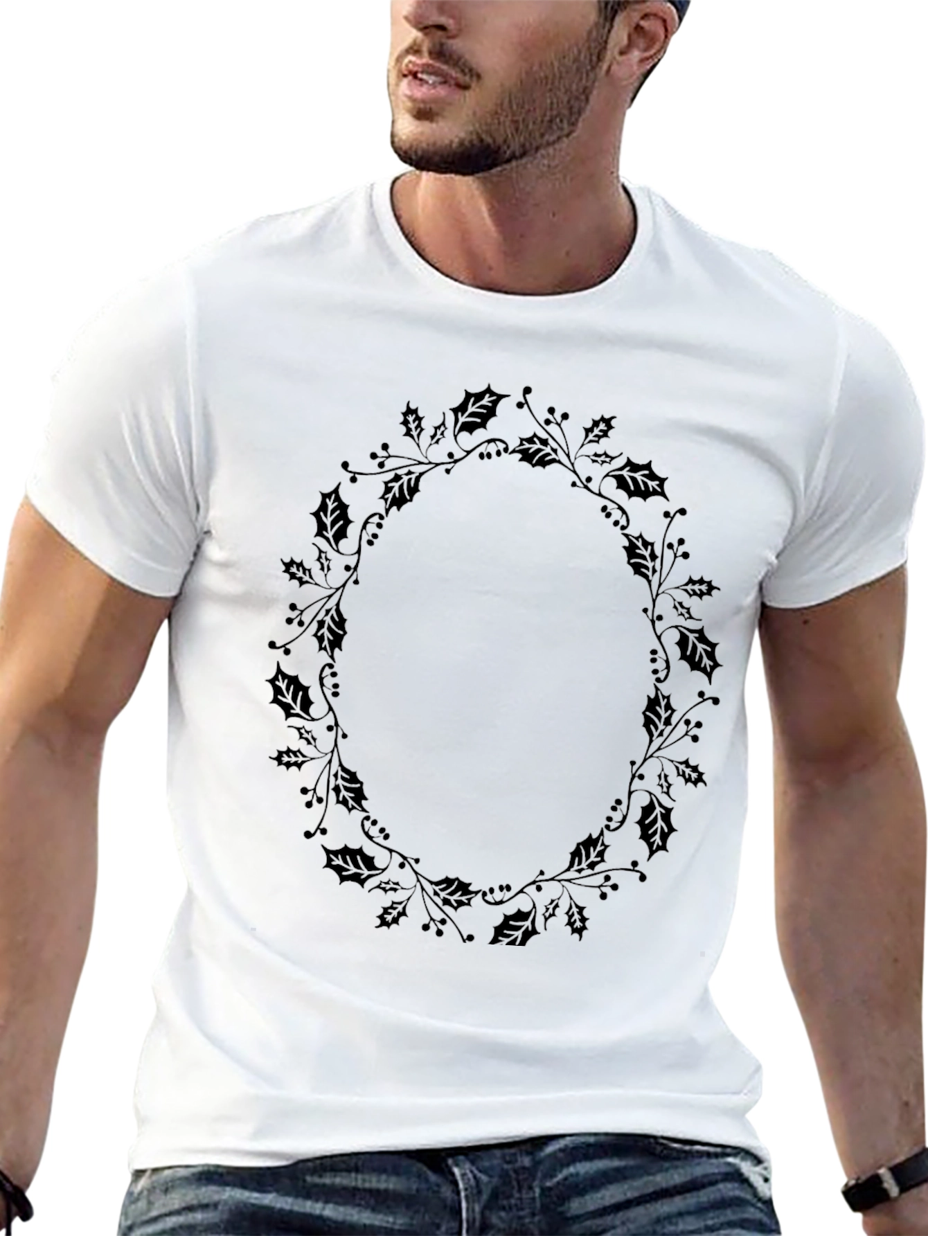 Mens Black Holly Wreath Graphic Tee