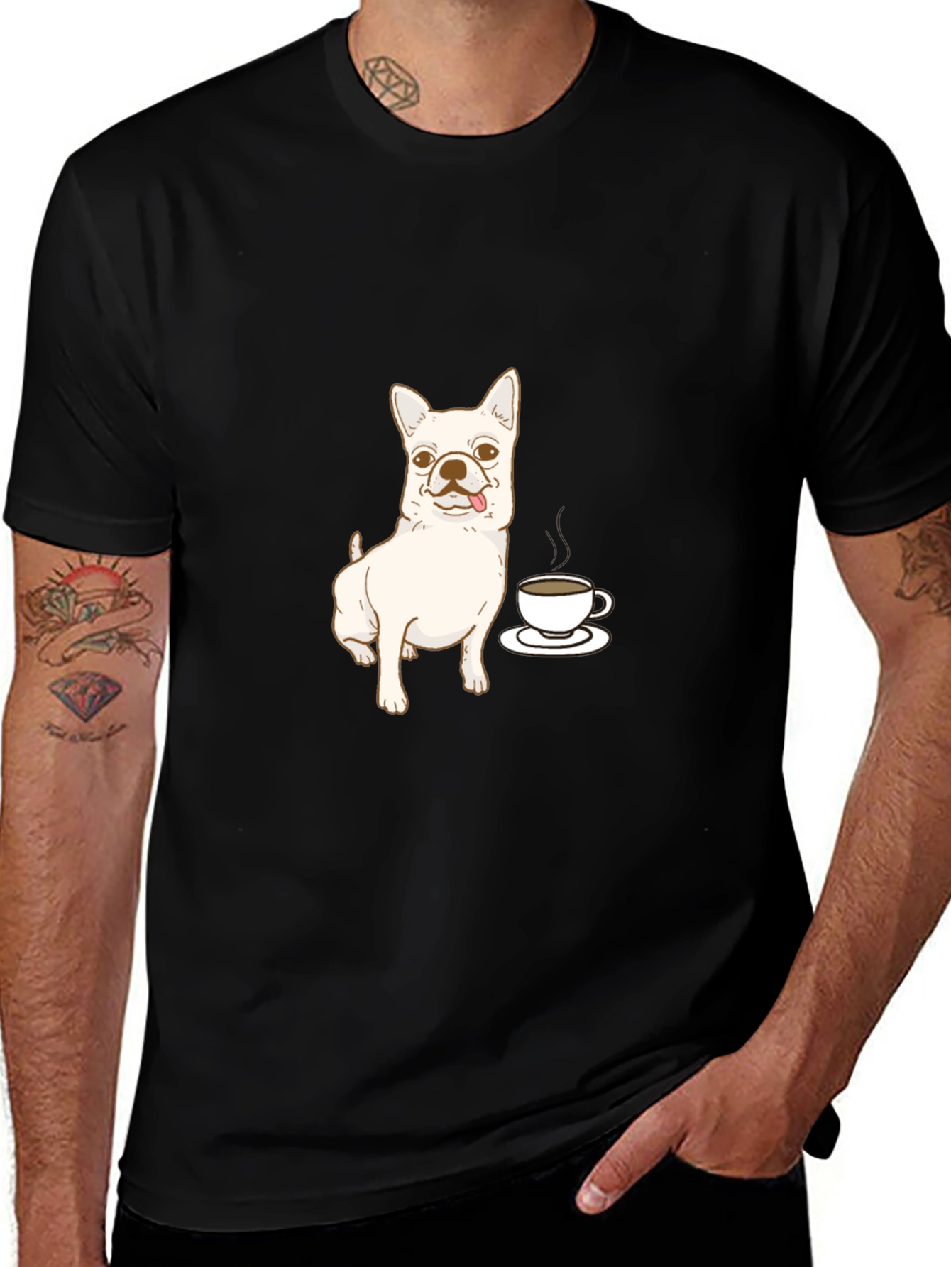 Cute Dog & Coffee Black T-Shirt