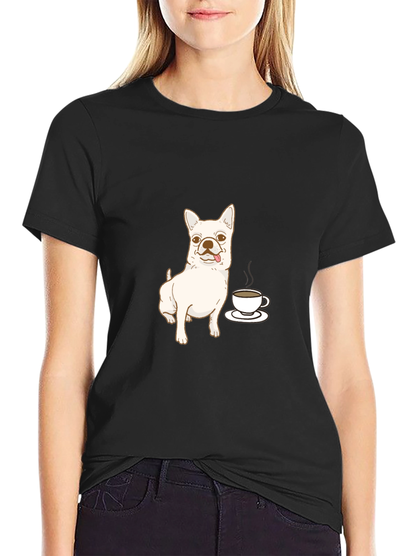 Cute Dog & Coffee Black T-Shirt
