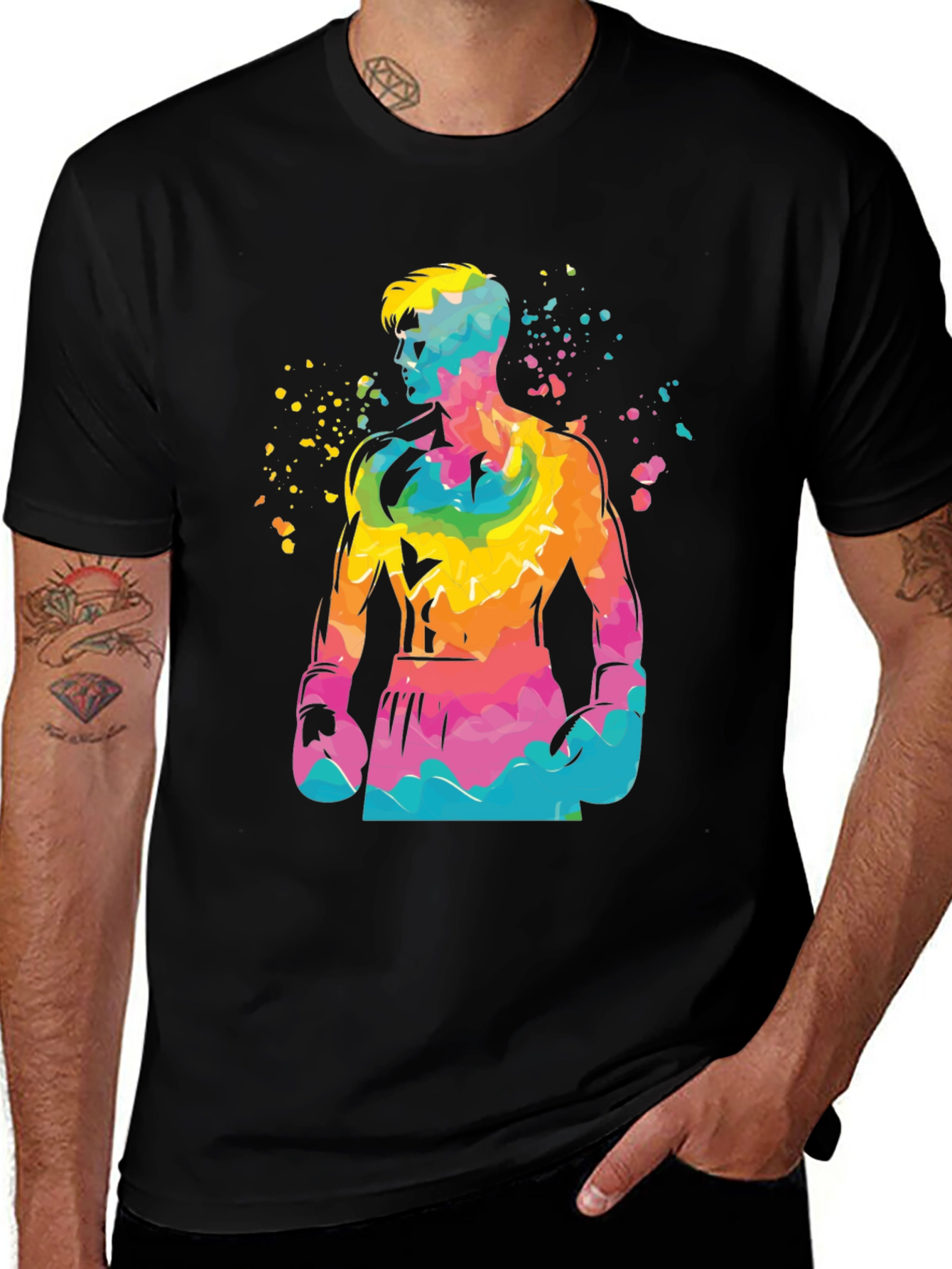 Vibrant Boxer Graphic Tee - Stylish Mens Black T-Shirt