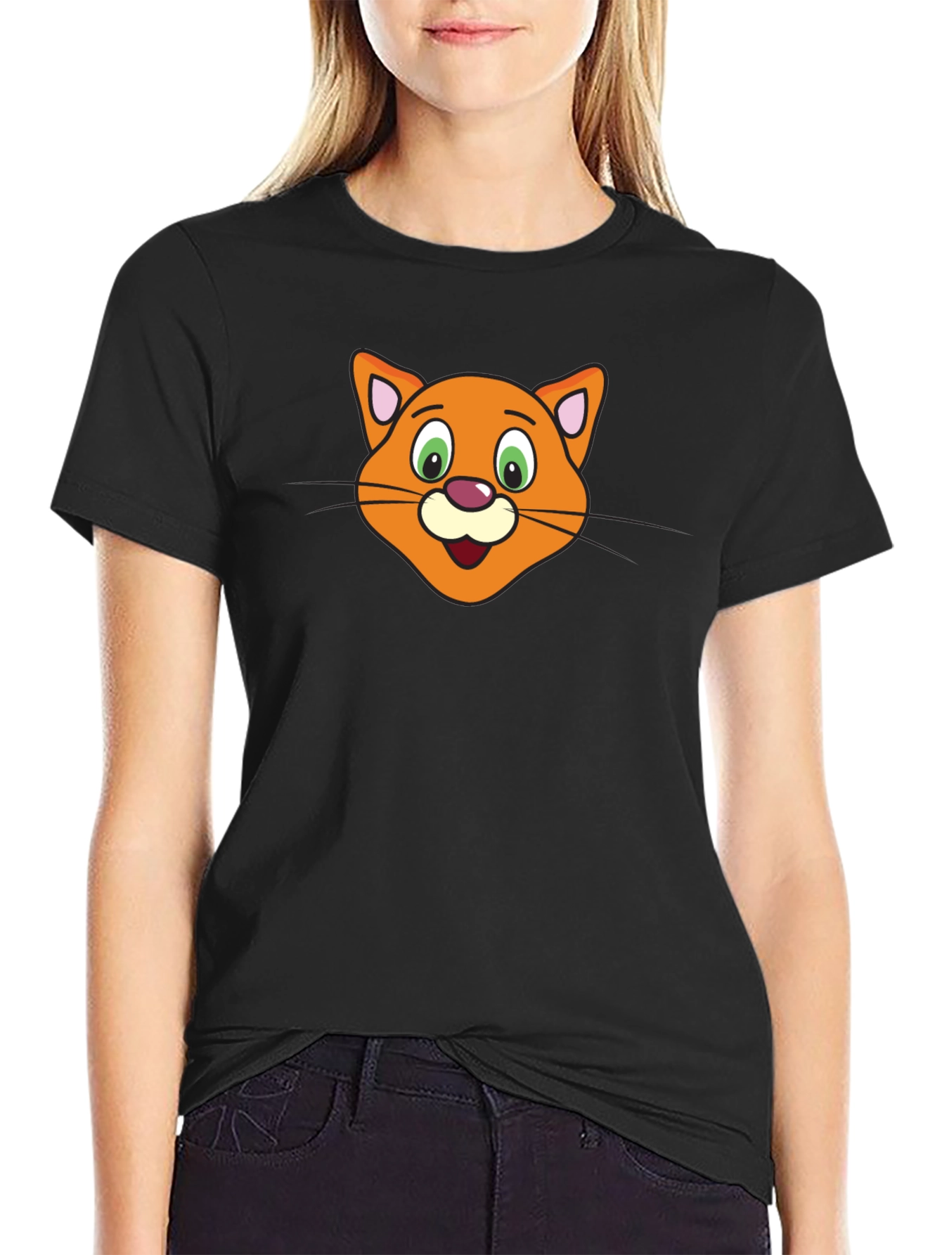 Cute Cartoon Cat Face Black T-Shirt