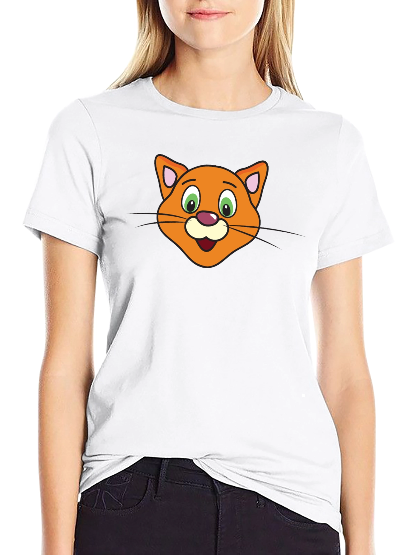 Cute Cartoon Cat Face Black T-Shirt