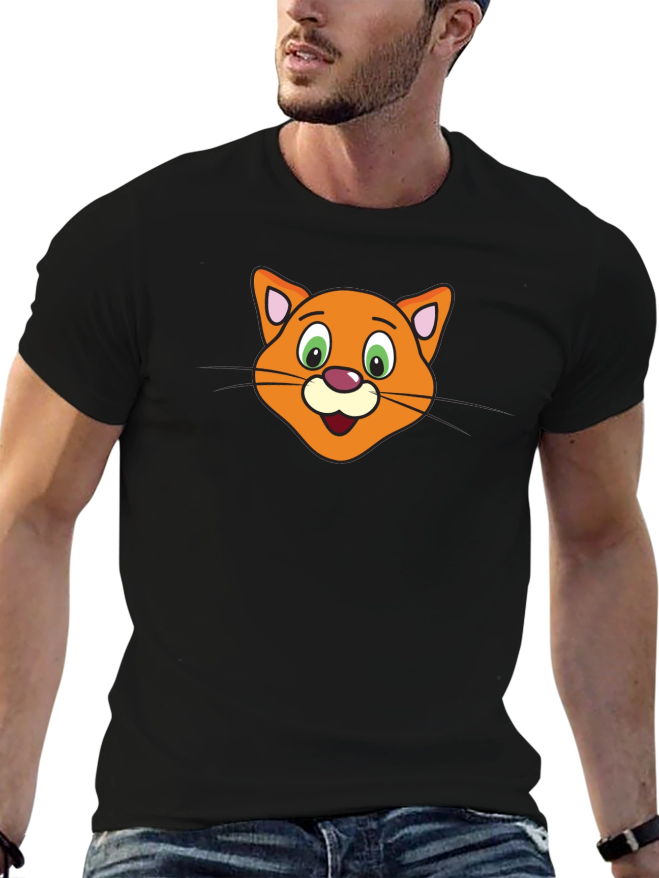 Cute Cartoon Cat Face Black T-Shirt