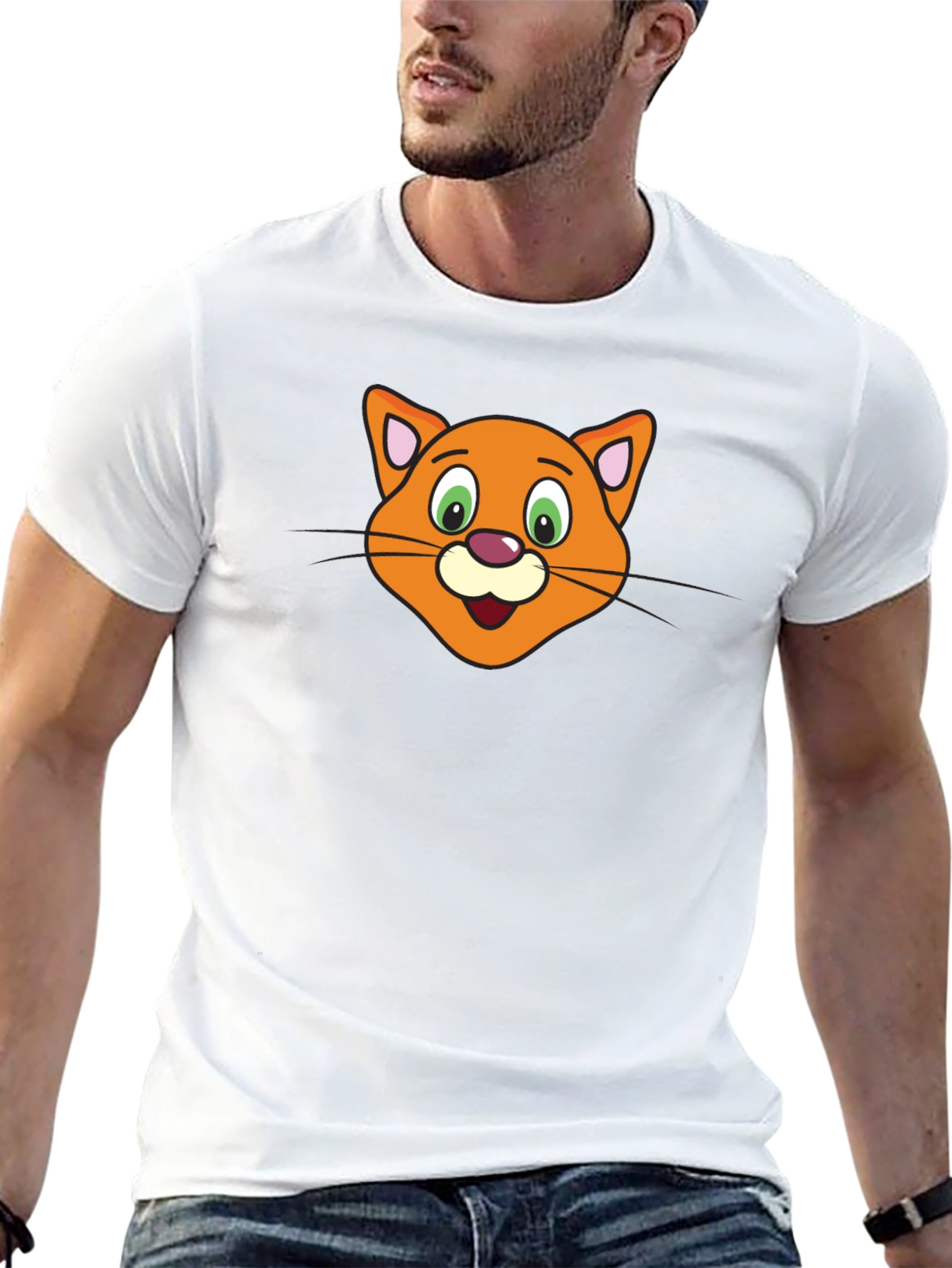 Cute Cartoon Cat Face Black T-Shirt