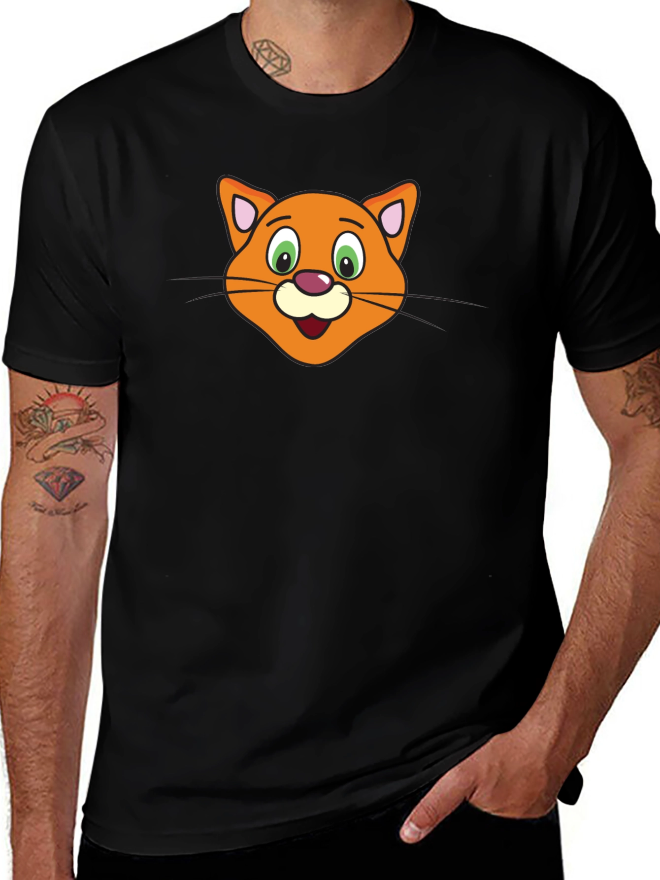 Cute Cartoon Cat Face Black T-Shirt